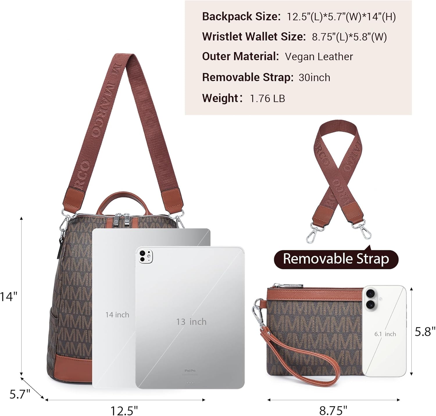 Backpack Purse for Women Vegan Leather Travel Backpack with Wristlet, Designer Convertible Shoulder Bag Satchel Handbag, Lightweight Fashion Backpack with Wide Strap, Coffee/Brown - Image 3