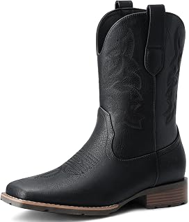 Suokdil Cowboy Boots for Men - Men's Western Boots with Embroidery, Slip Resistant Square Toe Chunky Heel, Durable and Fashionable Retro Classic Footwear for Spring and Fall