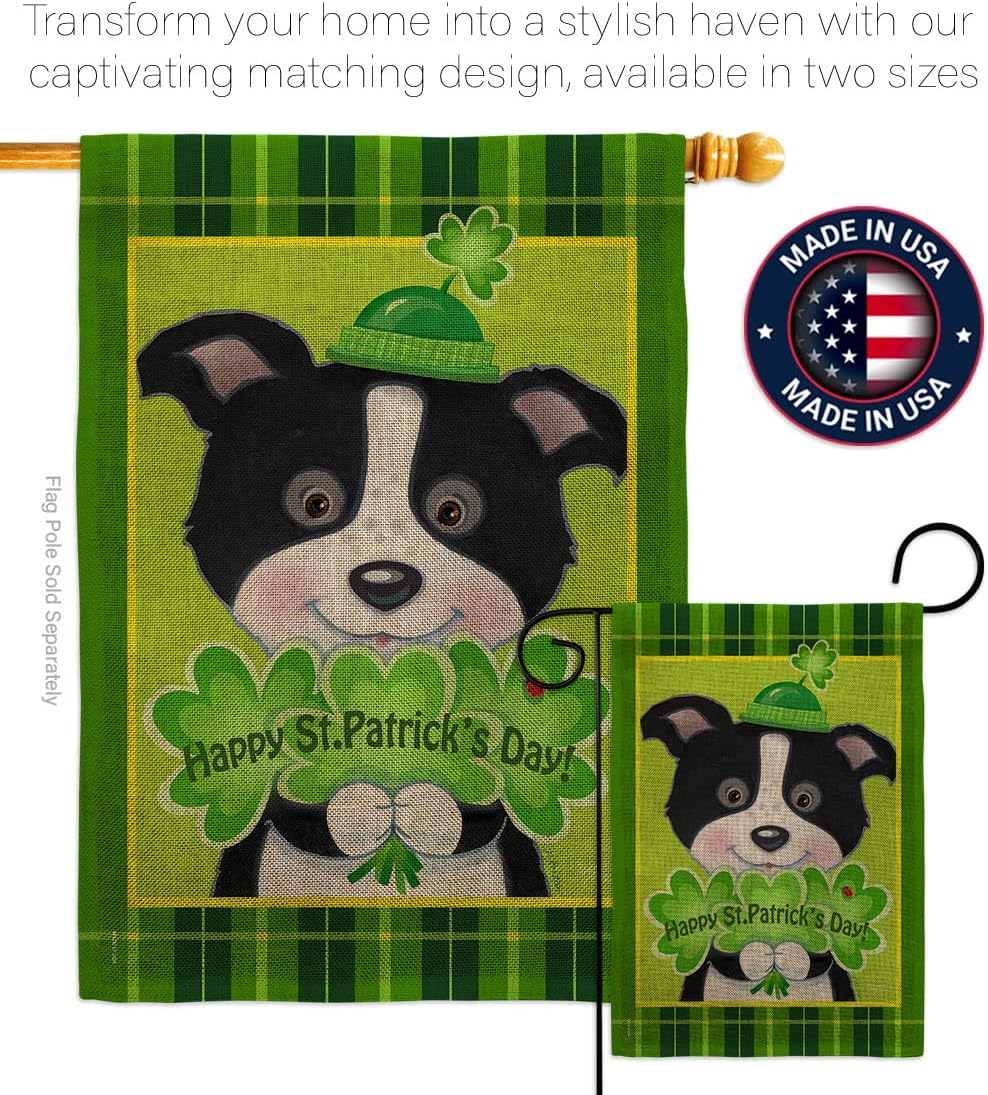 St. Pat's Puppy Garden Flag - Set with Stand Spring St Patrick Shamrock Leprechaun Lucky Coin Holiday March Irish Clover - House Decoration Banner Small Yard Gift Double-Sided Made In USA 13 X 18.5