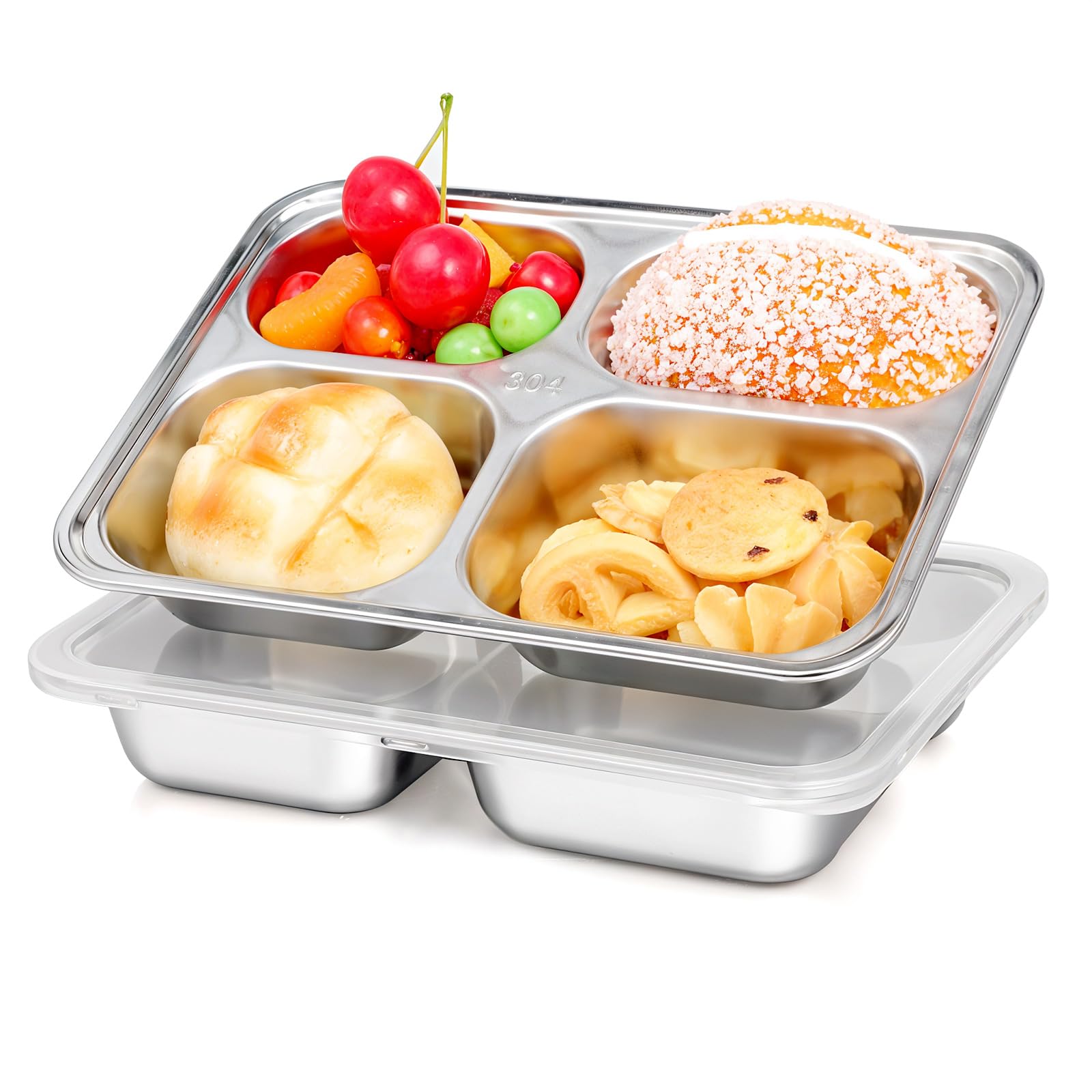 2 Pcs Stainless Steel Snack Containers with Lids, 4 Compartments Stainless Steel Lunch Box, Reusable Meal Prep Lunch Containers for Kids Adults, Divided Food Storage Containers for School Home Travel