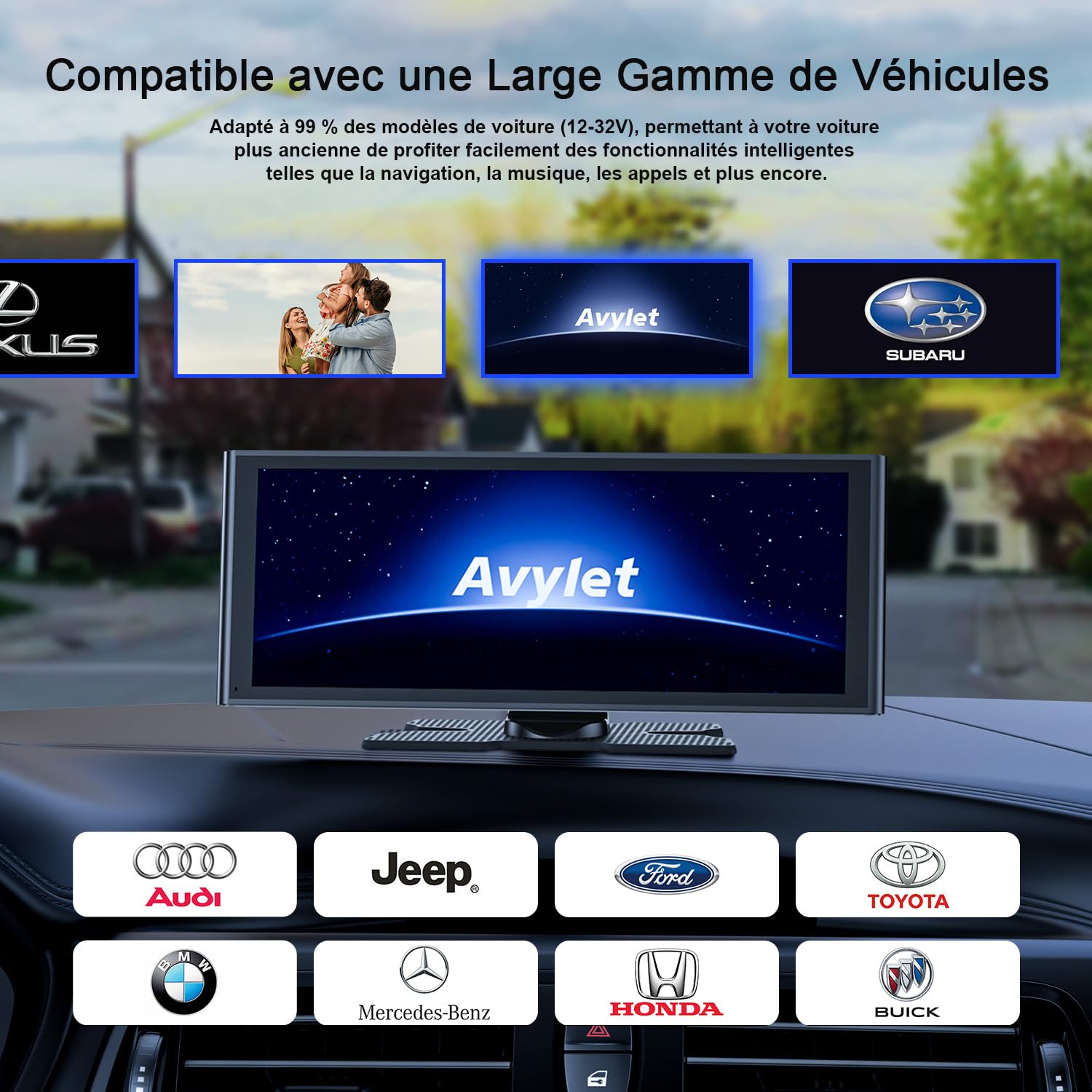 Avylet 9,26'' Apple Carplay Voiture pour avec Caméra de Recul, Écran Tactile Portable, Navigation GPS, Contrôle Vocal Google/Siri, Android Auto, Bluetooth, AUX/FM, Mirror Link, OTA, sans Fil