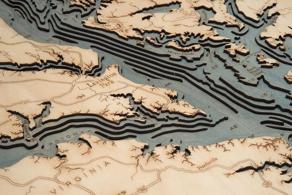 Chesapeake Bay 3-D Nautical Wood Chart, White Frame, 24.5