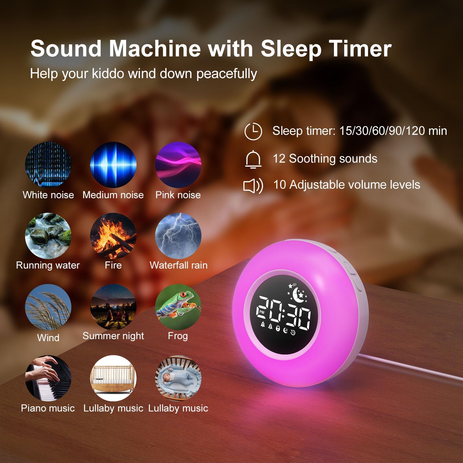 APUZOM Wecker mit Nachtlicht Wecker mit Licht Tischuhr ohne Tick,Geschenke für Mädchen Jungen,Kind Schlaftrainer mit Nachtlicht, Customized Lichtwecker mit 12 White Noise, Snooze und Timer
