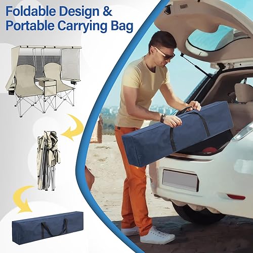 Miniatura 7 de PLKO Silla de camping doble portátil con pantalla de toldo, sillas de playa resistentes para adultos, silla de playa plegable con bolsa enfriadora