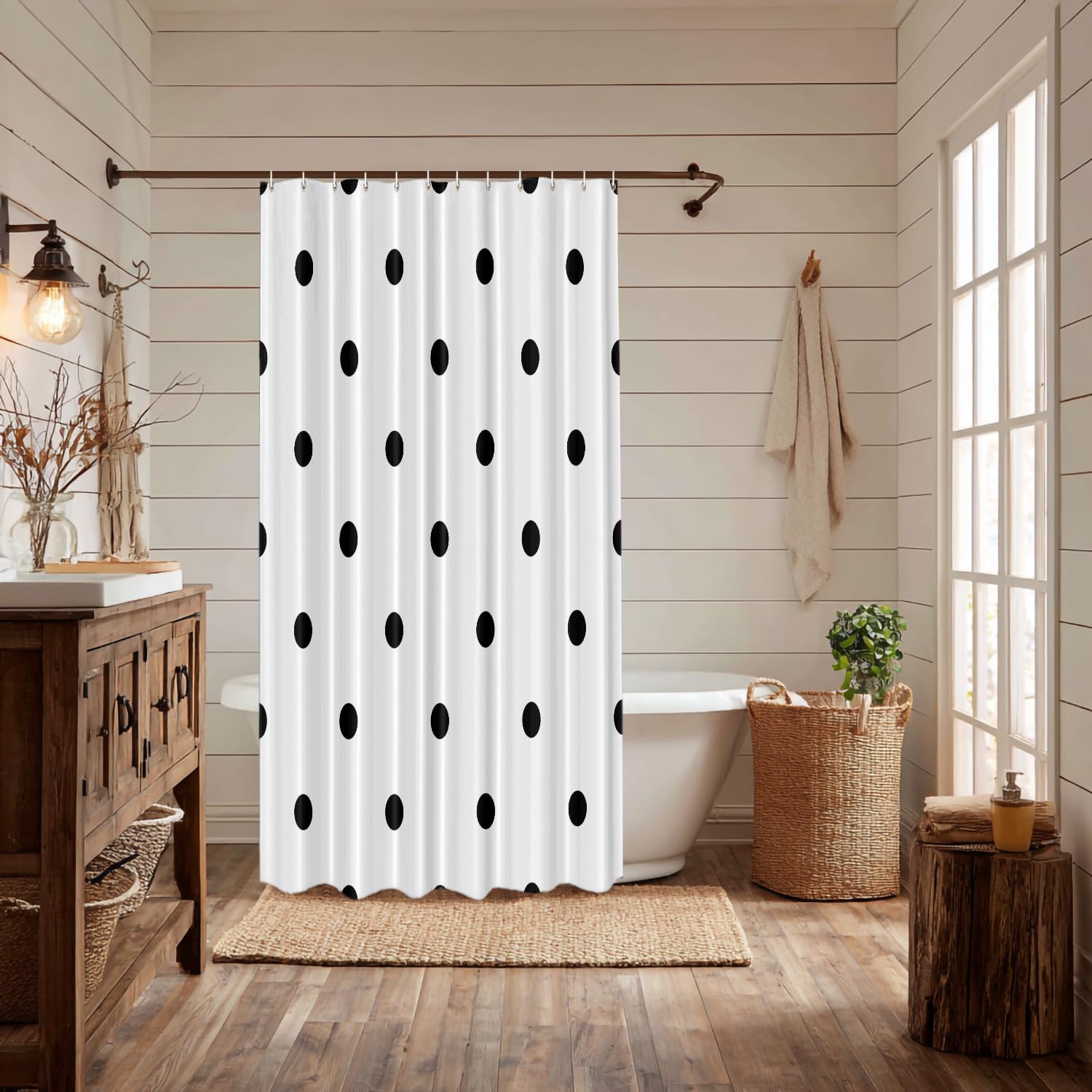 Black Polka Dot Decor Shower Curtain Set,Black Polka Dot On White Polyester Shower Curtain for Shower Stall Bathroom Waterproof with 12 Hooks 72x72 Inch