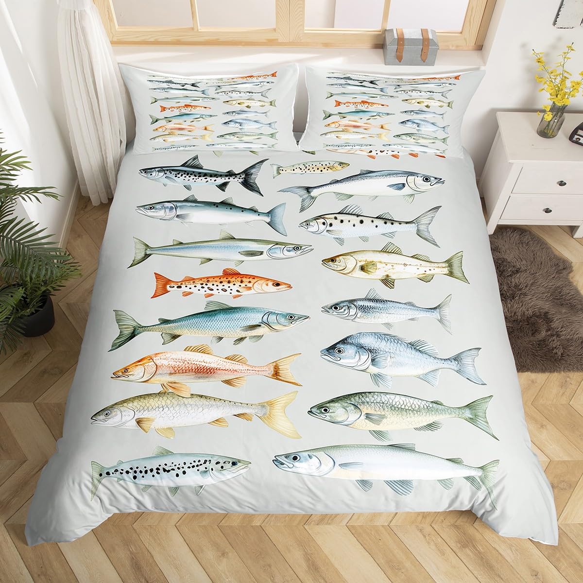 Housse de couette imprimé poisson taies d'oreiller grand lit