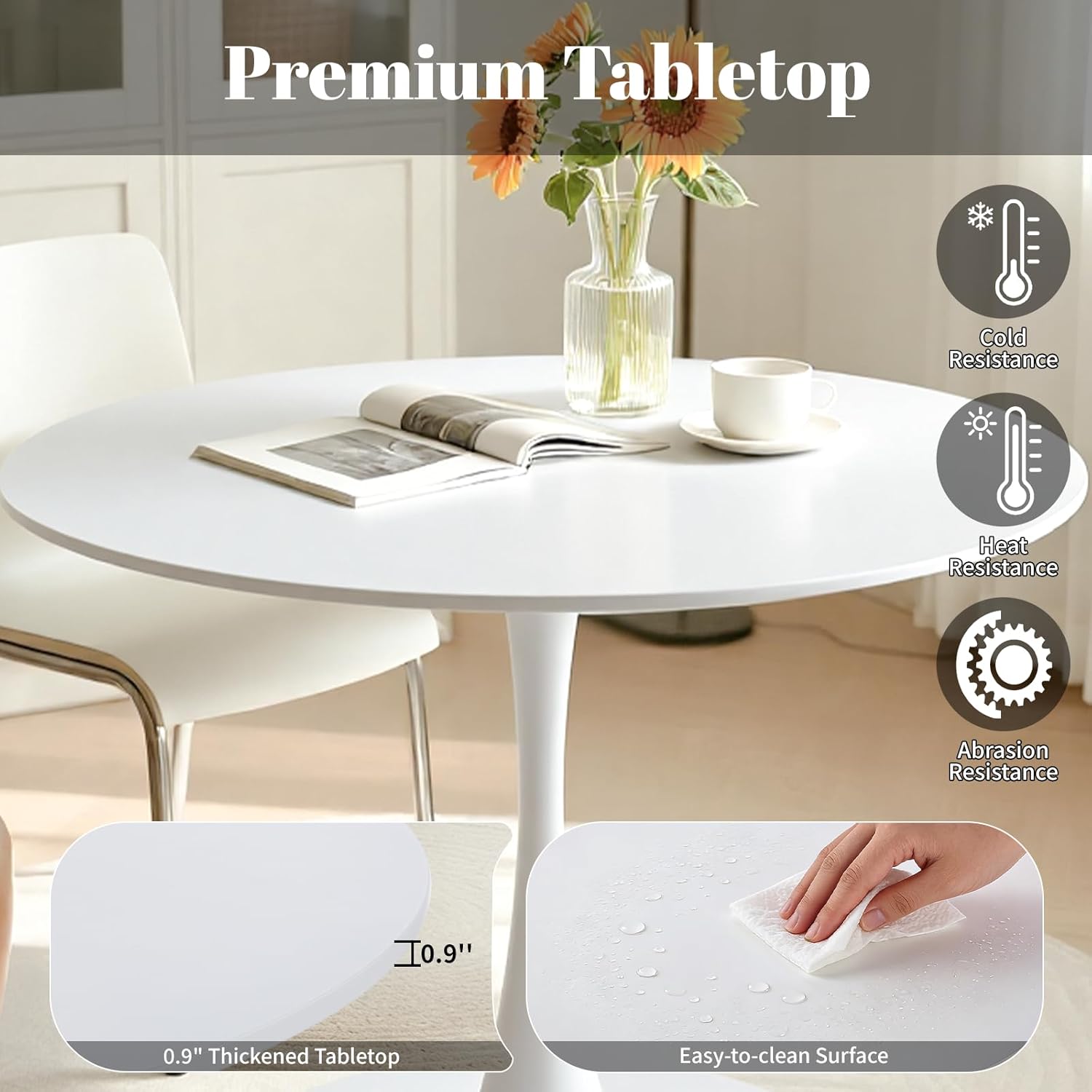 24" Small Round Tulip Dinner Table, Mid-Century Modern Kitchen Dining Room Table for 2-3 Persons, Leisure Coffee Table for Living Room Balcony Bistro Office