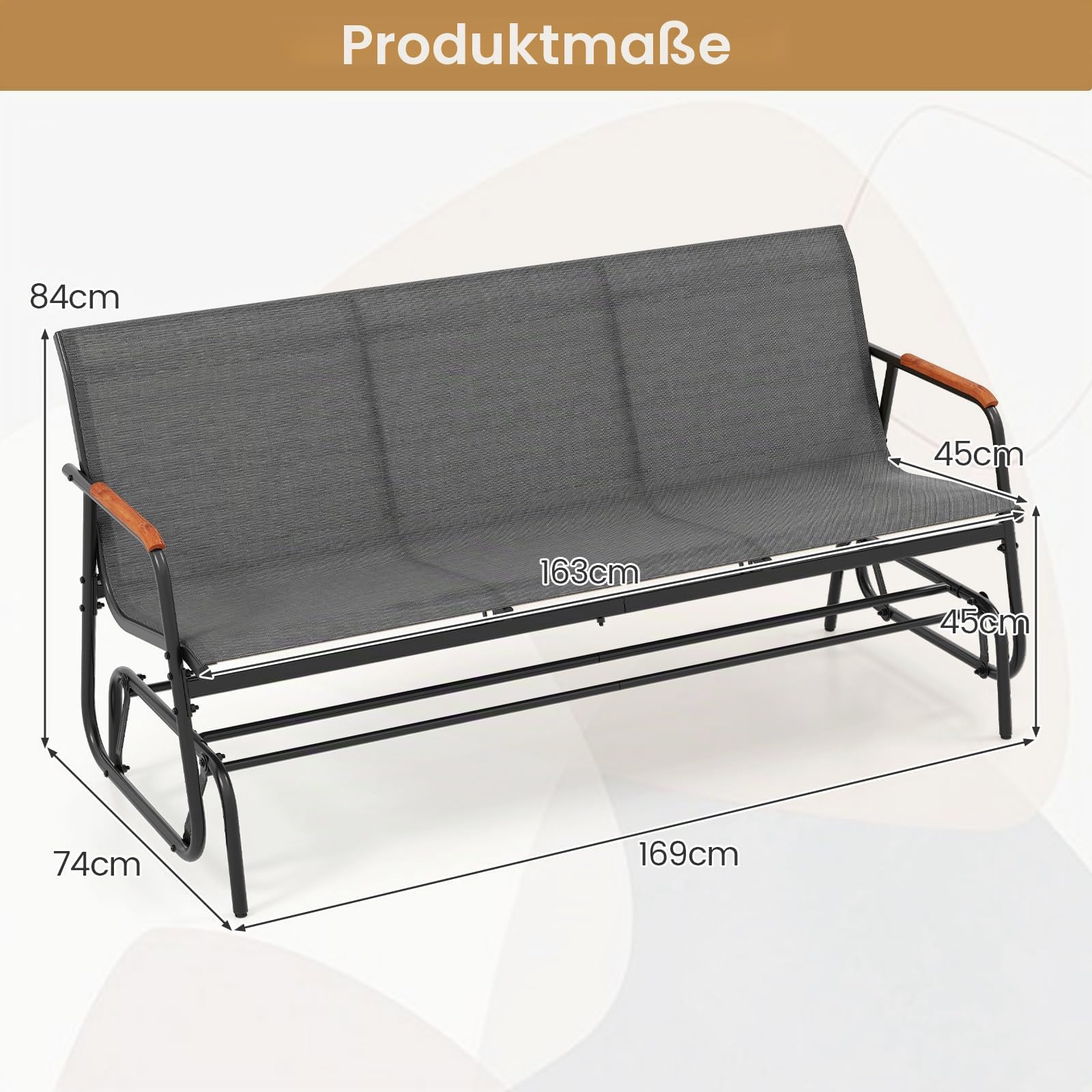 FANTASK 3-Sitzer Gartenbank, Schaukelbank bis 450 kg mit sanfter Gleitbewegung, Schaukelstuhl mit atmungsaktivem Stoffsitz, Terrassenbank für Garten, Balkon, Terrasse (Grau)
