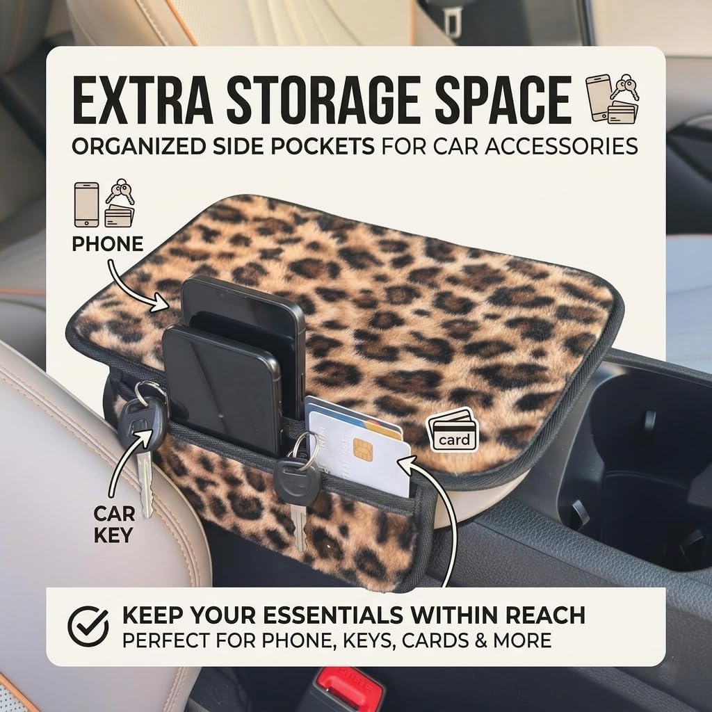 Car Armrest Cover Pad, Leopard Car Center Console Cover,Fluffy Car Arm Rest Cover Cushion with 2 Storage Bags,Interior Accessoires for Most Vehicles(Brown)