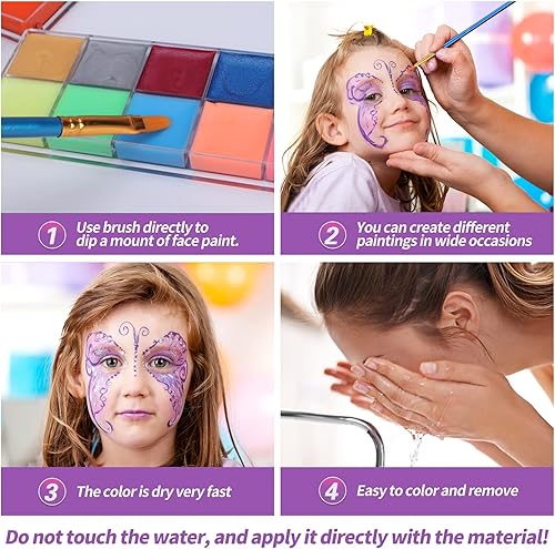 Miniatura 4 de Kit de pintura facial para fiesta de niños, 32 colores profesional de aceite facial y cuerpo con 10 pinceles, 4 plantillas faciales reutilizables, 2