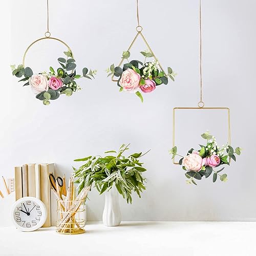 Miniatura 2 de Lvydec Corona de aro de flores artificiales juego de 3 decoraciones de pared florales colgantes con rosas de seda y hojas de eucaliptos para bodas