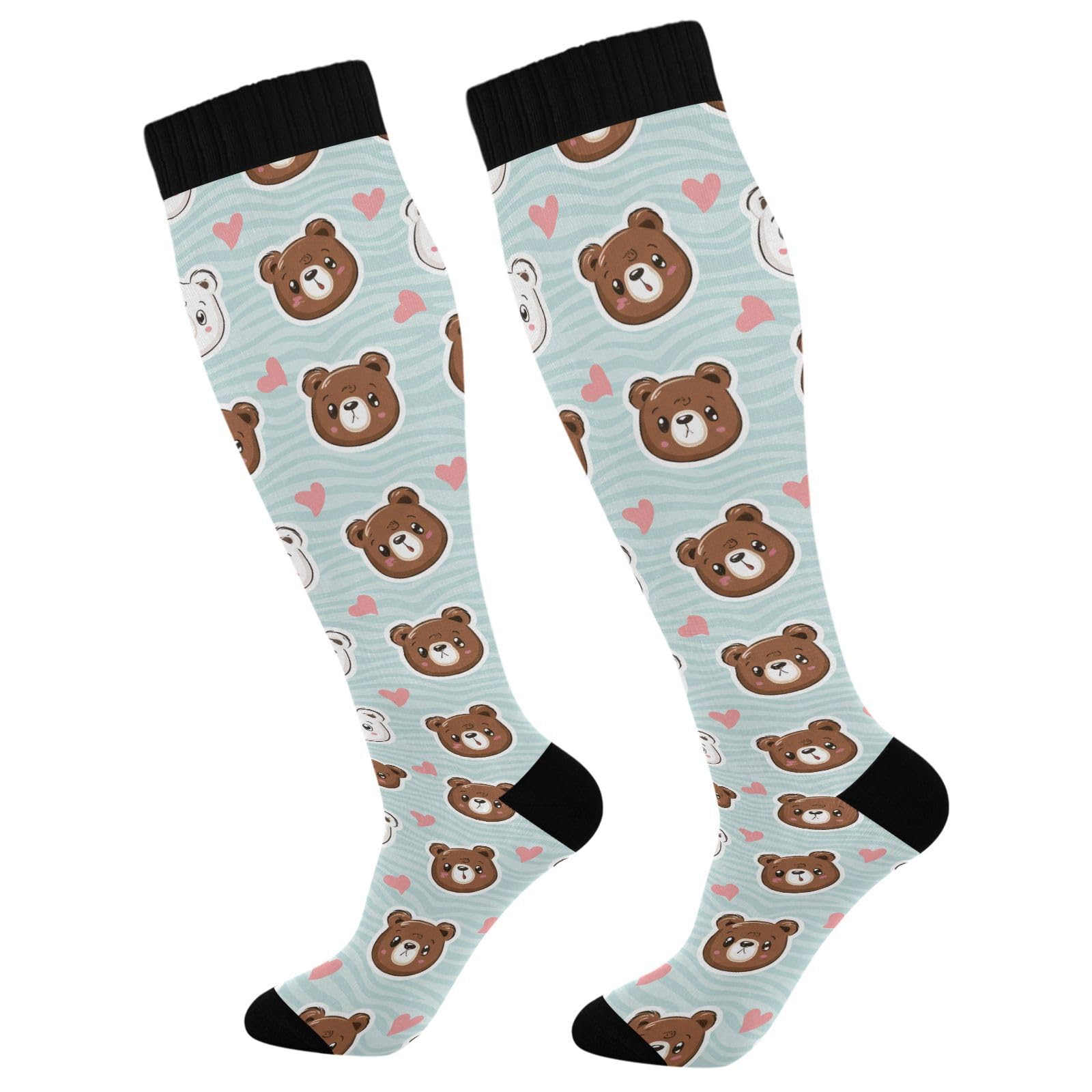 Wassud Cartoon Bear Faces Compression Socks for Women and Men 20-30 mmHg Knee High Socks for Nurses Travel Socks 1 Pair