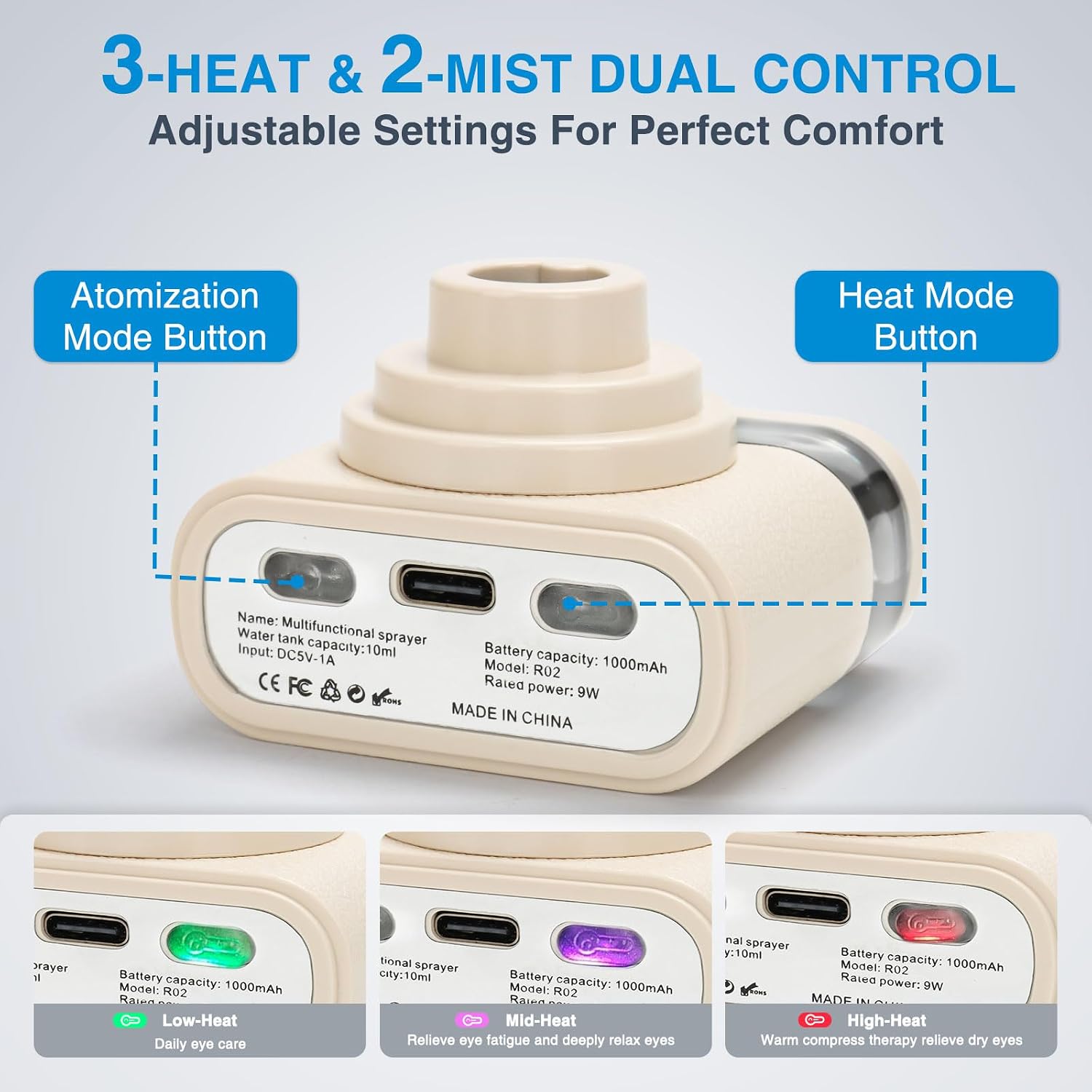 Eye Steamer for Dry Eyes Relief,Portable Electric Heated Steam Therapy Wand Machine with Moist Heat for Natural Tears Restore,Dry Eye Mist Sprayer with Warm Compress and 3 Level-Heat (Off White)