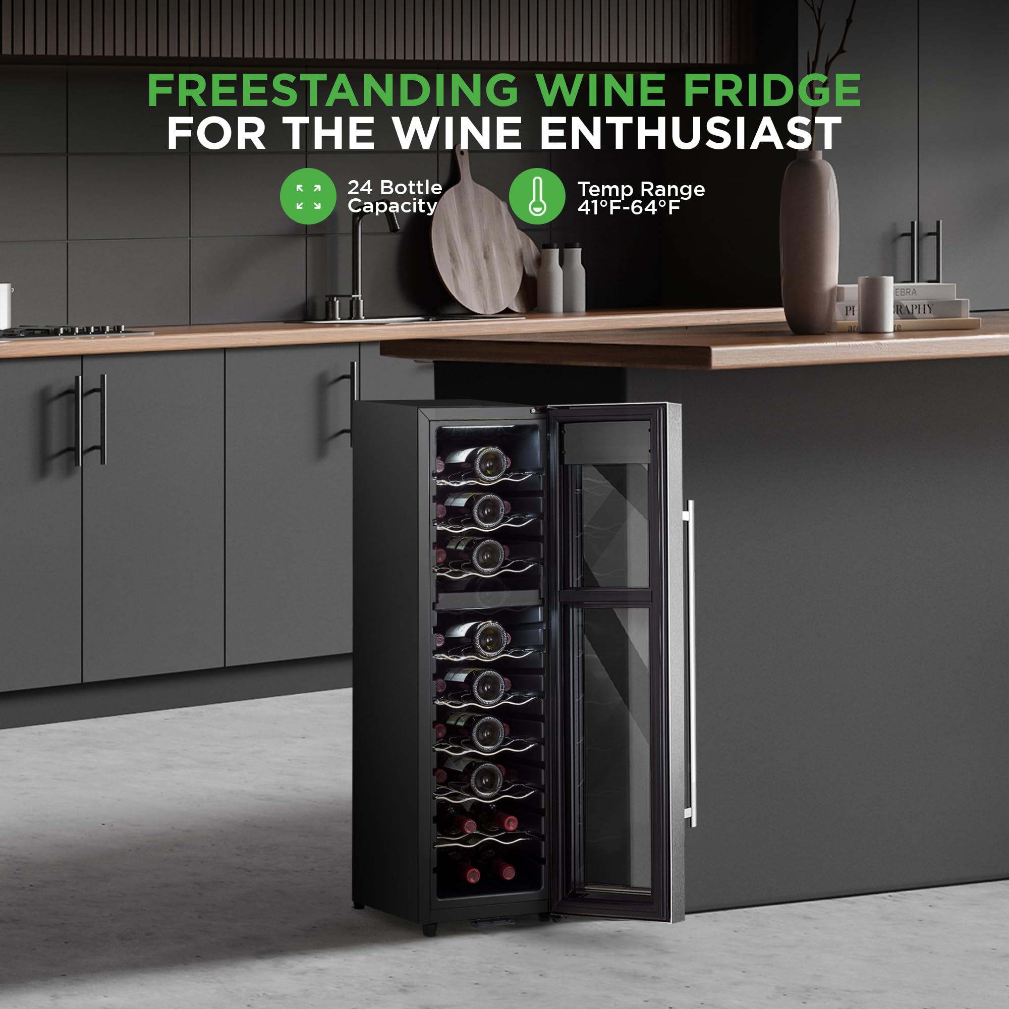 NutriChef PKCWCDS248.5 Chilling Refrigerator Cellar-Dual-Zone Wine Cooler/Chiller, Digital Touch Button Control with Air Tight Seal, Contains Placement for Standing (24 Bottle Storage Capacity), Black