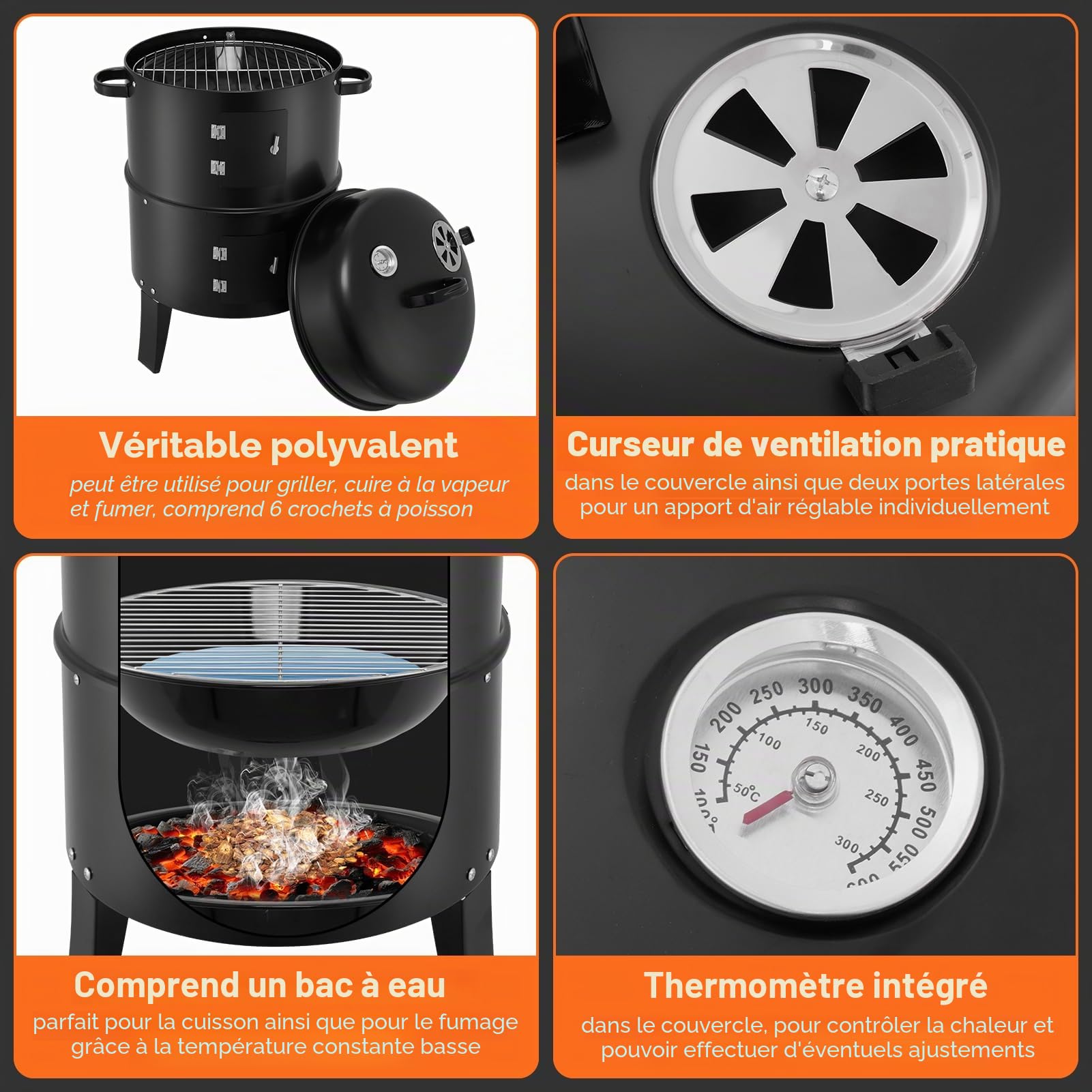 Fumoir 3 en 1, Fumoir, Barbecue au charbon de bois avec couvercle, Barbecue fumoir avec crochets à fumer et thermomètre, Barbecue tonneau Fumoir de camping, Barbecue multifonction pour fumer