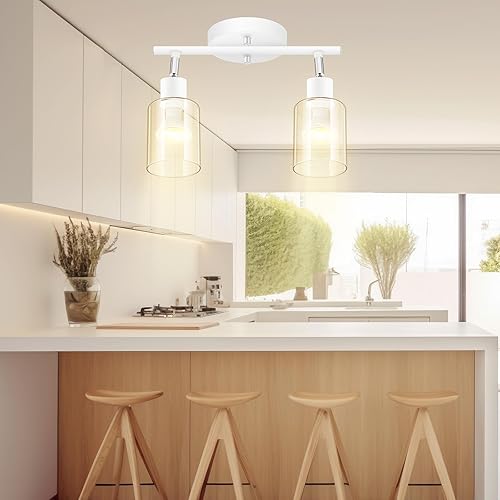 Miniatura 9 de BoostArea Lámparas de baño de 2 luces, modernas luces blancas de pared con pantalla de vidrio transparente, luz de techo flexible para espejo,