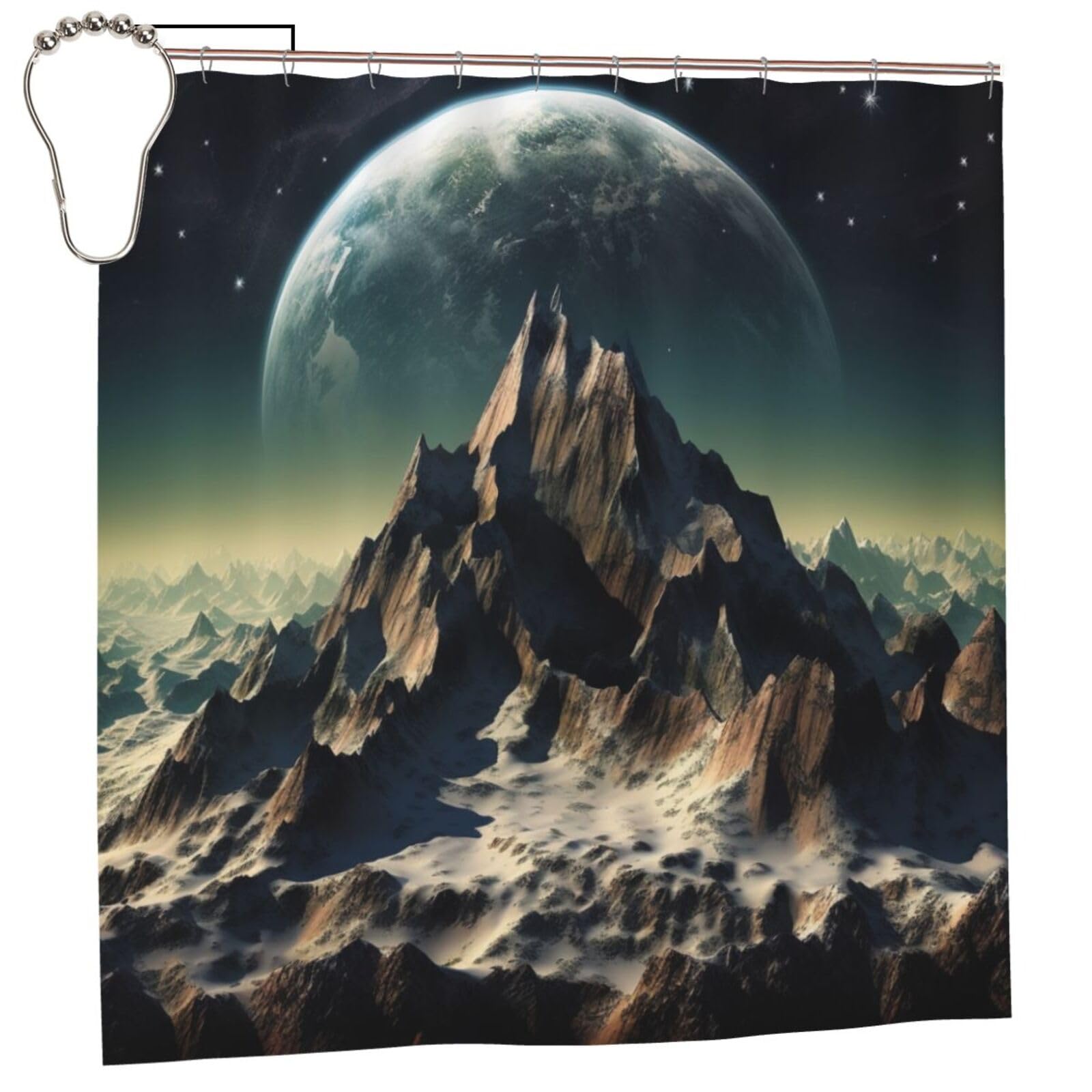 BWWHCCTI Earth Mountain Printed Shower Curtain With 12 Iron Hooks Opaque Quick Drying Waterproof Shower Curtains Sets For Bathroom 183x183 CM
