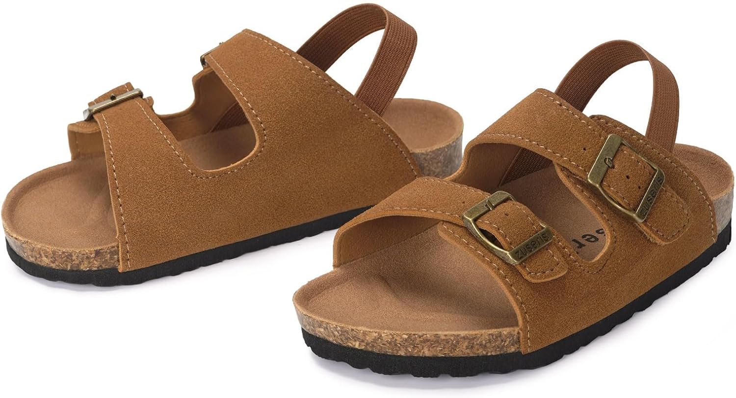 ZUSERIS Kids Toddler Sandals Boys Girls Summer Slides | Soft Cork Footbed, Non-slip,Adjustable Straps,Comfort Suede Leather,Lightweight