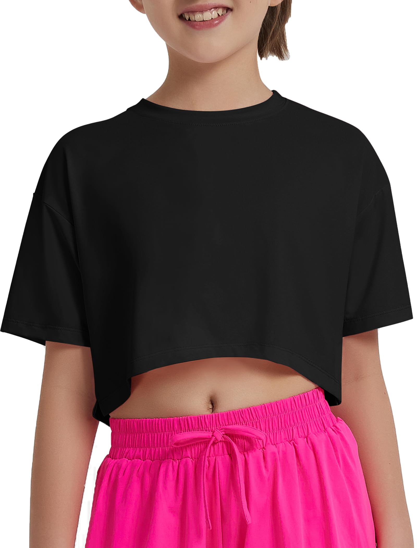 EXARUS Girls Athletic Shirts Quick Dry Workout Split Back Crop Tops 6-14Y