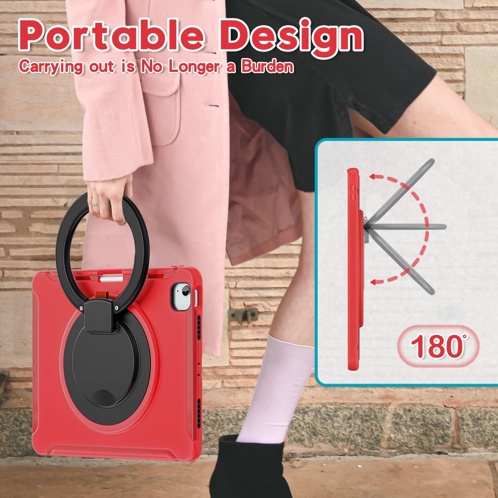 Custodia protettiva per tablet robusta per iPad Air 13 pollici, custodia protettiva robusta ibrida con impugnatura, supporto girevole (rosso)