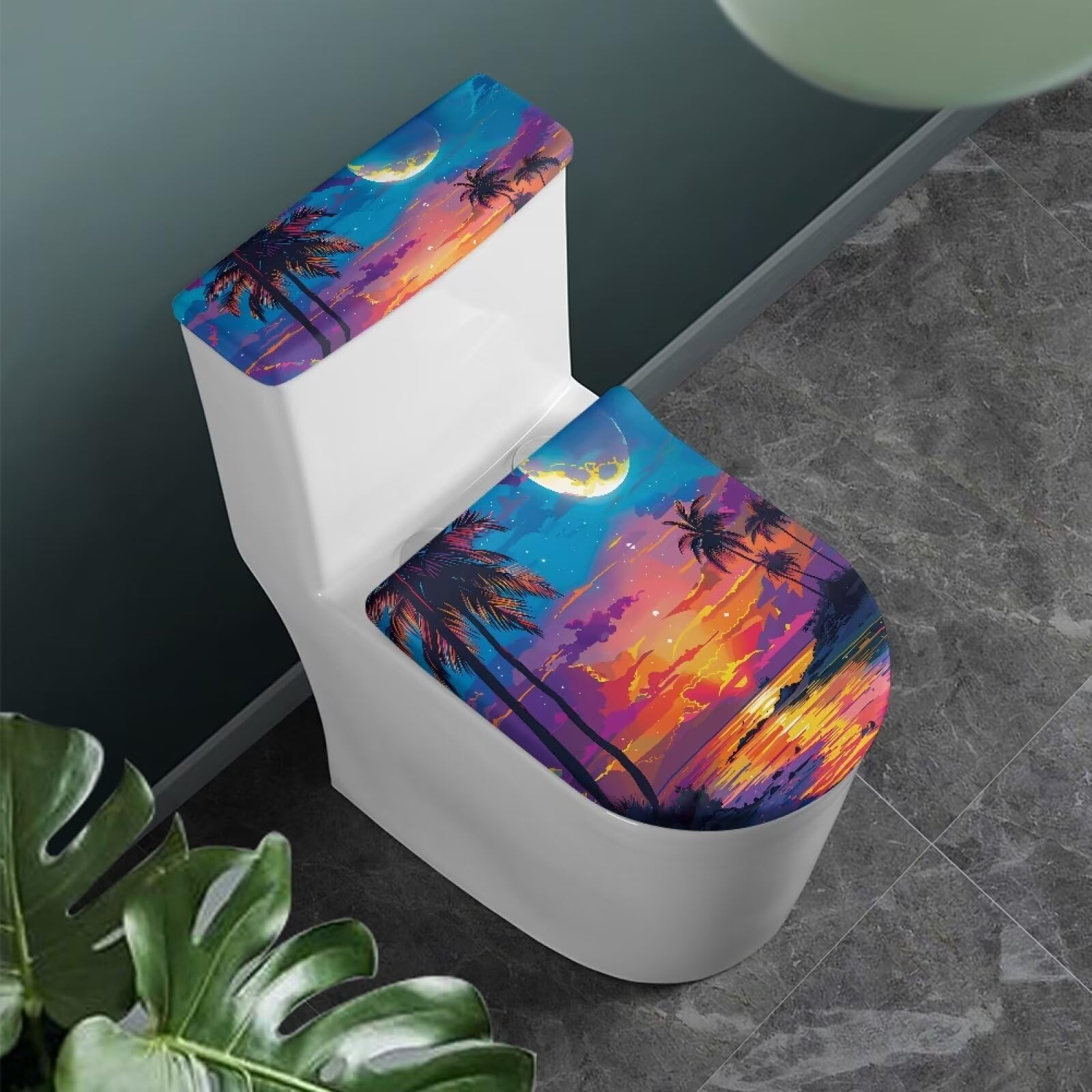 Bivxisrvo Hawaii Sunset Print Toilet Lid Cover and Toilet Tank Cover Polyester Fabric Toilet Cover Set Stretch Washable Tank Protector Cover Suitable for Home School Hotel Dormitory Apartment