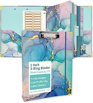 Binditek 3 Ring Binder 1 Inch, Letter Size, Binder Organizer with 5-Tab Dividers, 2 Interior Pockets, Low Profile Clip Cover, Label Stickers, 175 Sheet Capacity, Blue, 1 Pack