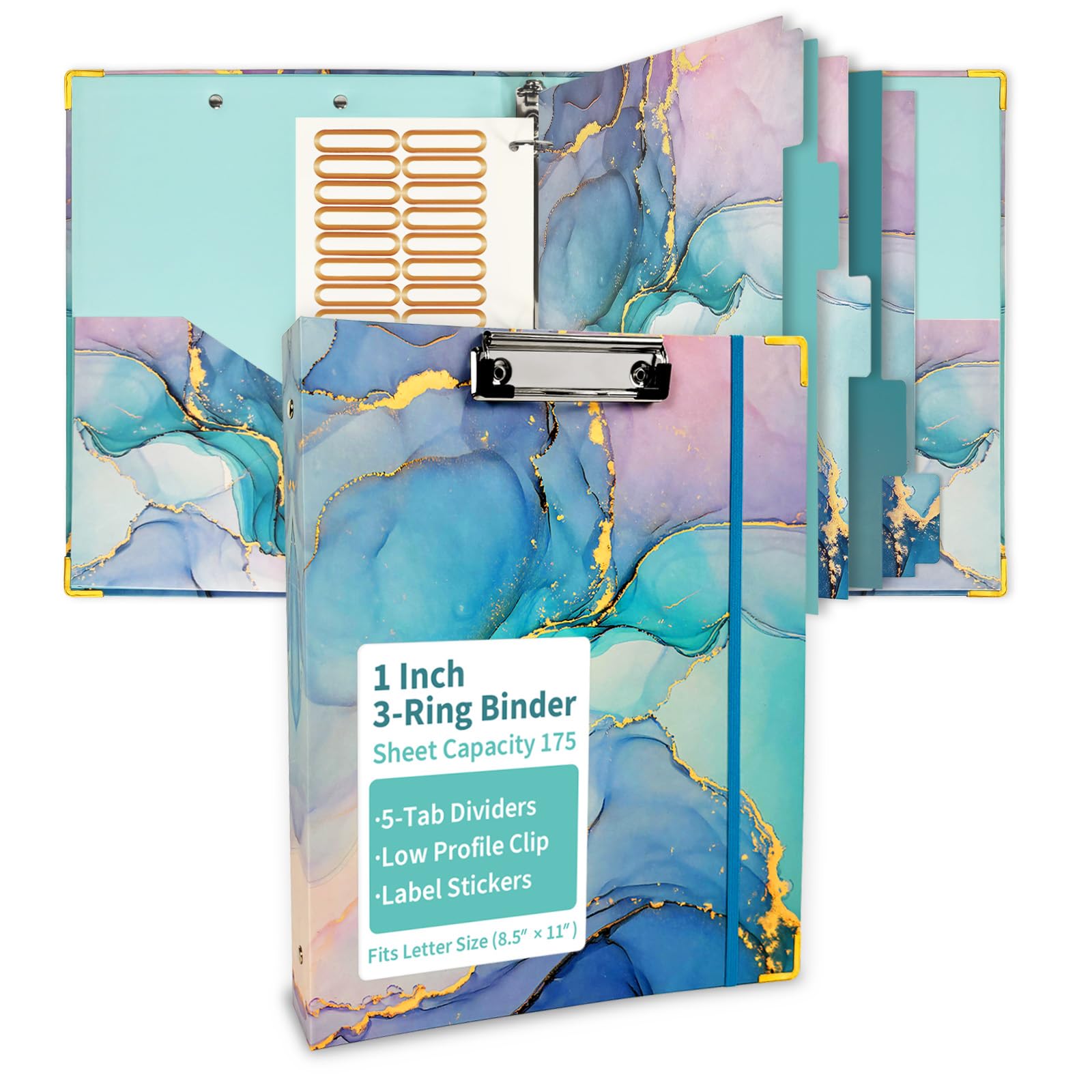 Binditek 3 Ring Binder 1 Inch, Letter Size, Binder Organizer with 5-Tab Dividers, 2 Interior Pockets, Low Profile Clip Cover, Label Stickers, 175 Sheet Capacity, Blue, 1 Pack