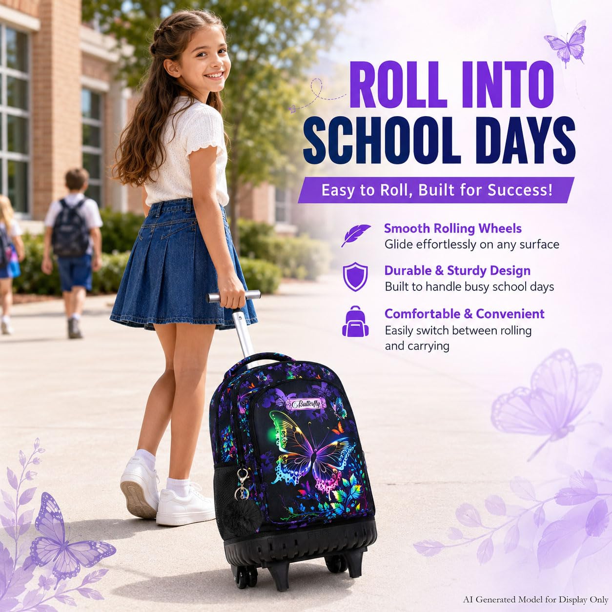 Mochila con ruedas de 3 piezas para niñas y mujeres, mochila con ruedas para niños, juego de mochilas con ruedas de mariposa para niños pequeños de primaria (negro), Negro mariposa, 48,26 cm,