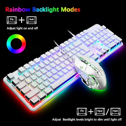 Miniatura 6 de FELICON Combo de teclado y mouse para juegos de sensación mecánica juego de teclado y mouse retroiluminado con arco iris 104 teclas almohadilla de