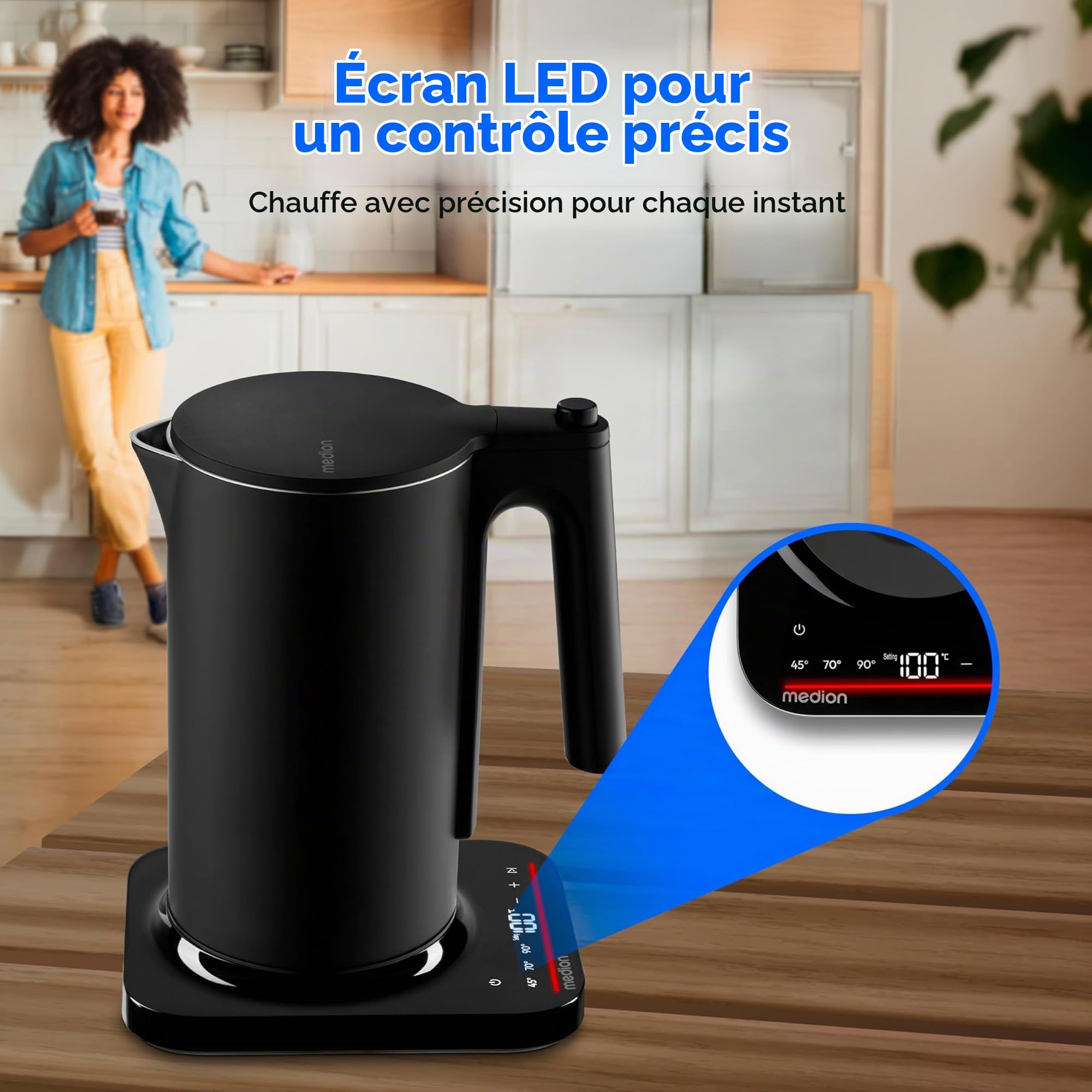 MEDION LIFE Bouilloire numérique MD12106 (2.200 W, 1,5 L, affichage LED, bande lumineuse LED, programmes automatiques, sécurité enfants, noir)