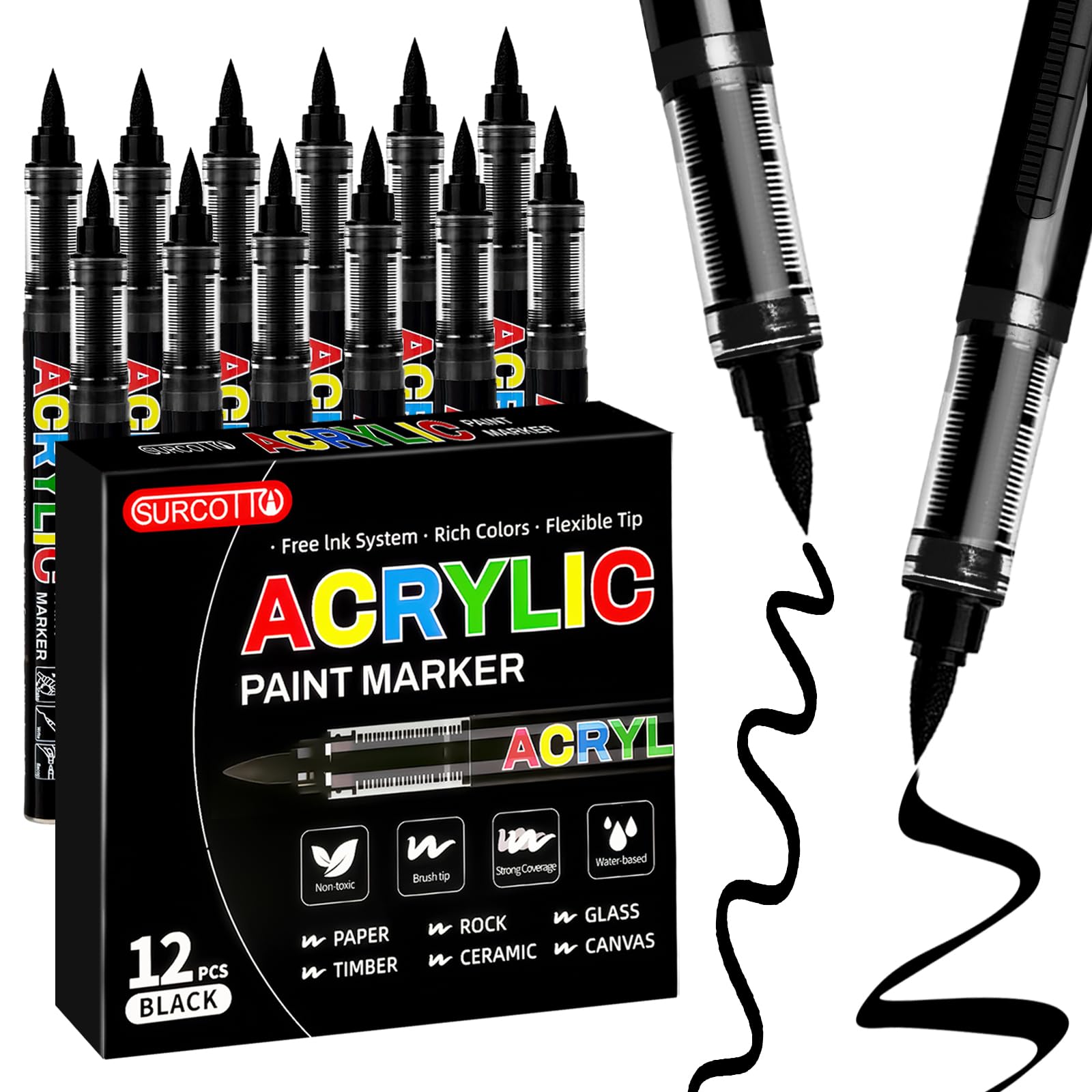 Surcotto 12 PCs Black Acrylic Paint Markers, Soft Brush Tip Pens and Markers, Acrylic Pai…