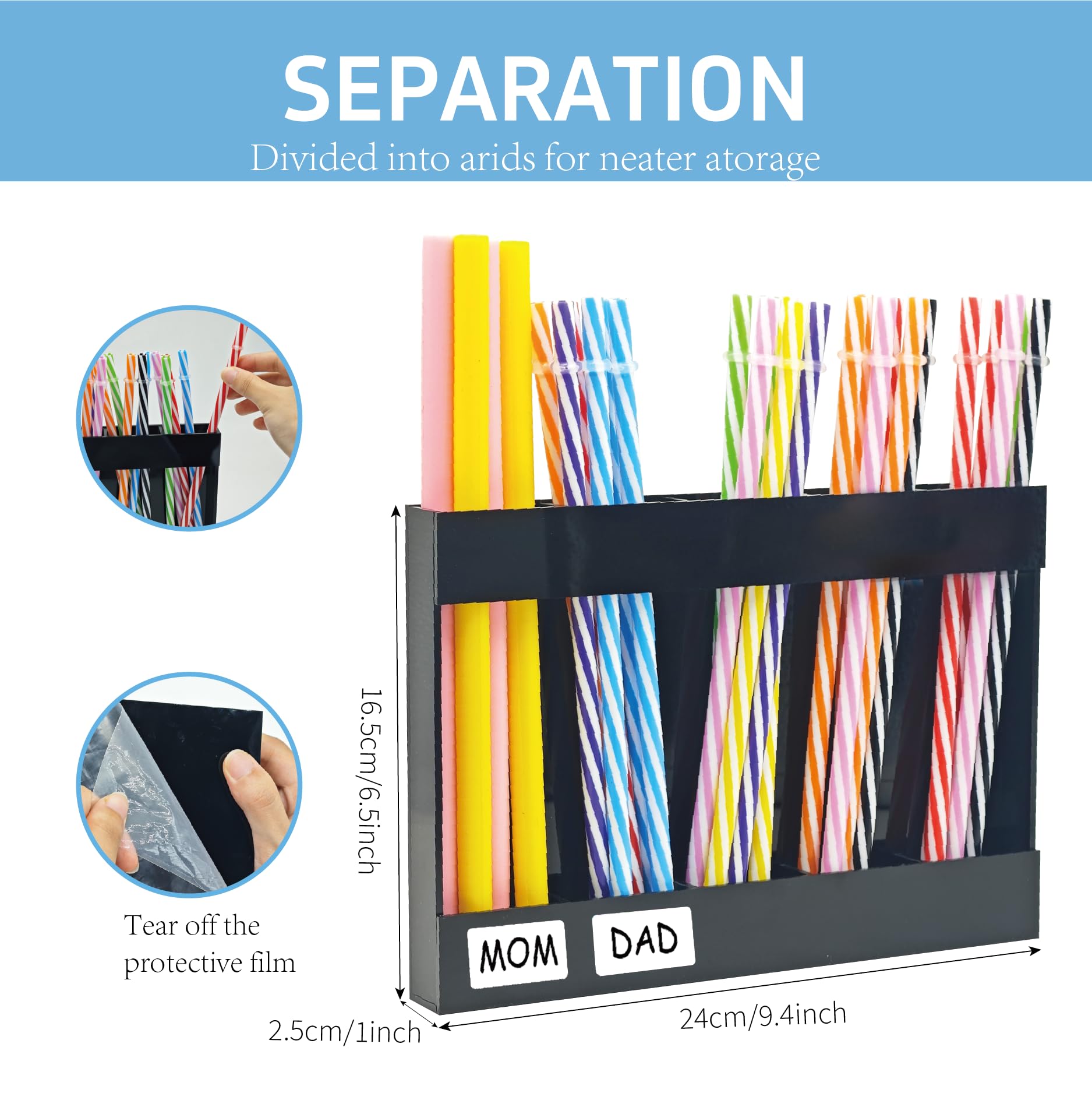 Yiilead Straw Holder, Transparent Acrylic Straw Dispenser with Double Sided Adhesive Tape and Stickers,Organizer for Cupboard Reusable for Kitchen Counter (Black)