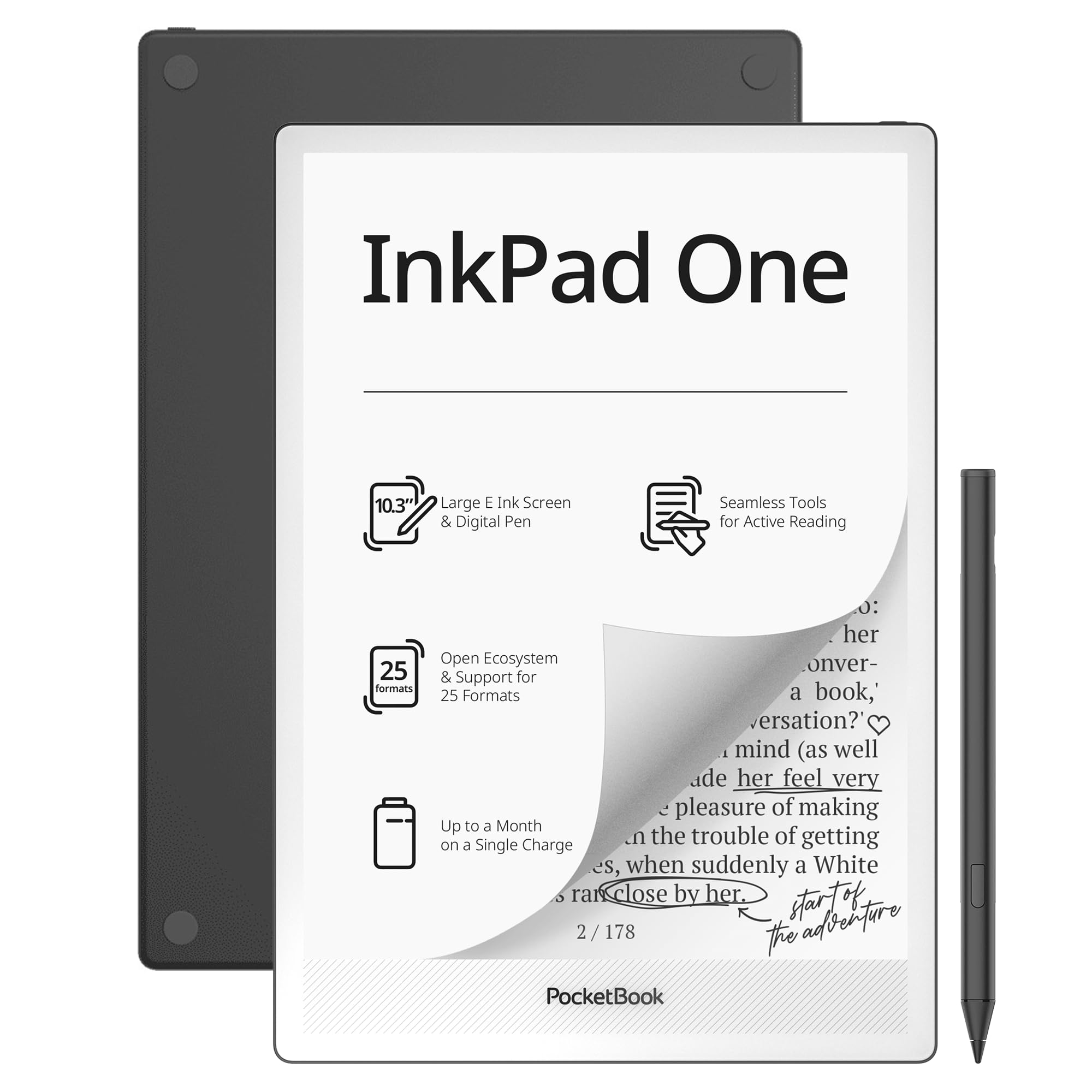 PocketBook InkPad One Czytnik EBooków - 10,3" Wyświetlacz E Ink Mobius - Cyfrowy Notatnik z Obsługą Rysika - 32GB, WiFi & Bluetooth - Odtwarzanie Audiobooków, Czytanie i Notowanie