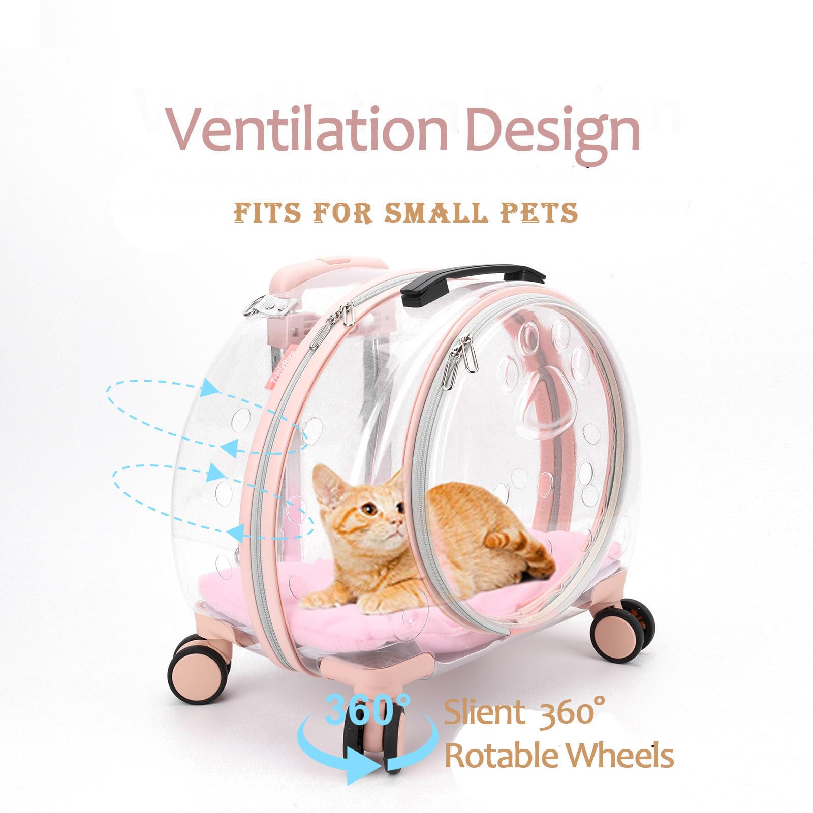 Transportín transparente y totalmente transpirable para gatos con ruedas giratorias para perros, gatos o conejos, más opciones de transporte, perfecto para viajar/hacer un paseo (rosa)