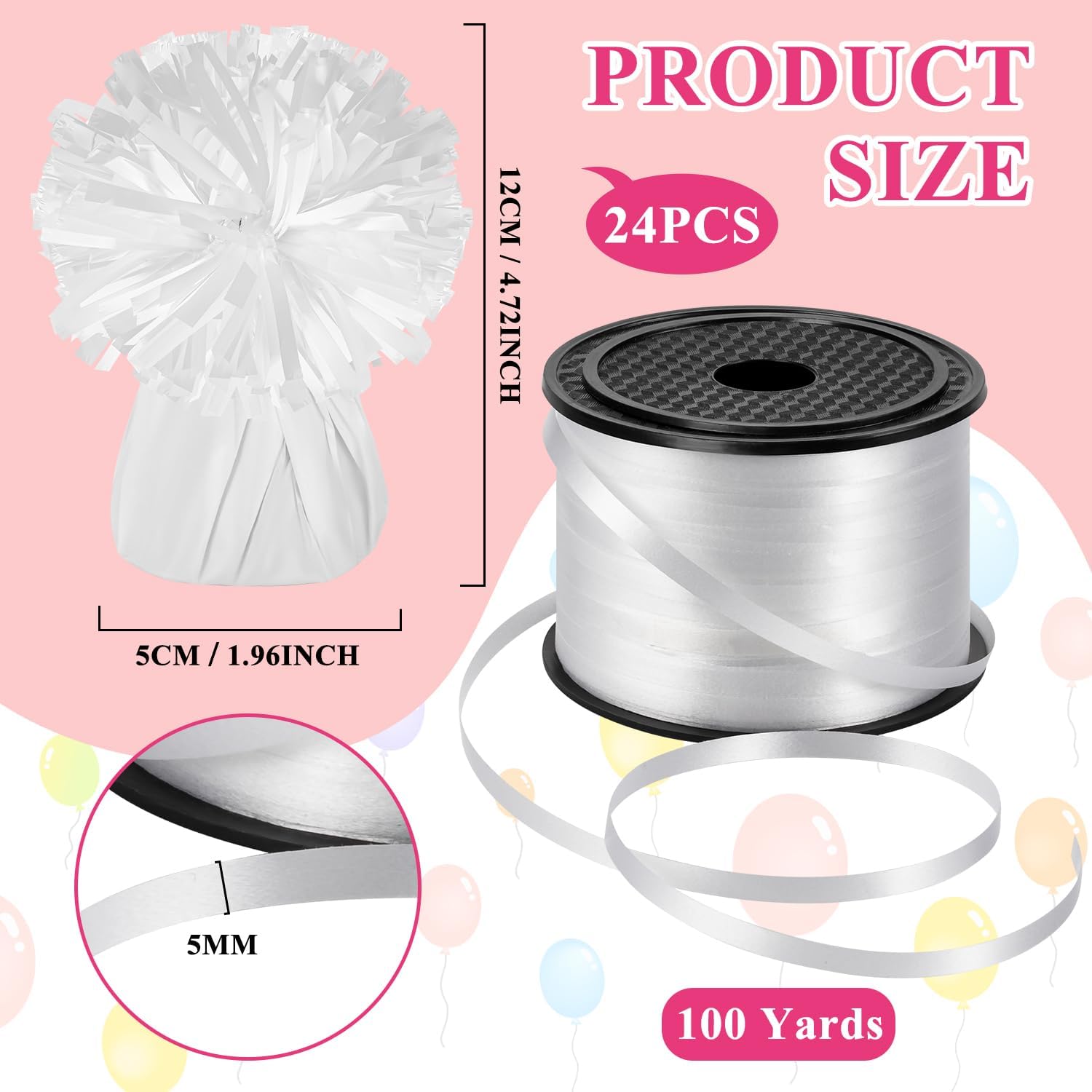 24 pcs balloon weights metallic anchor, balloon holder heavy weights with 1 roll iridescent crimped ribbon for balloons table party favor birthday decor(white) 24 white