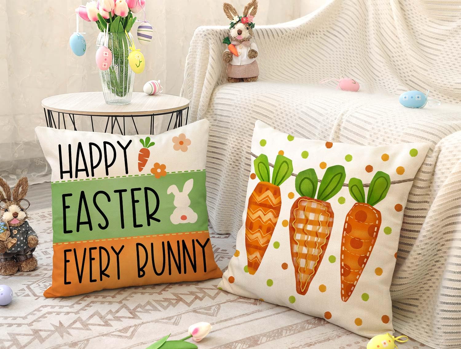 4TH Emotion Easter Pillow Covers 18x18 Set of 4, Welcome Peeps Bunny Carrots Farmhouse Decorations Spring Holiday Decor Throw Cushion Case for Home Couch TH210 3