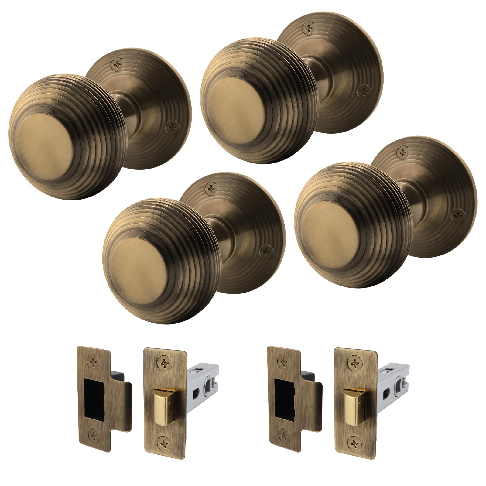 EAI Beehive Door Knob Set Antique Brass | 2 Pairs of Reeded Mortice Knobs (55mm) & Latch (76mm) for Internal Doors