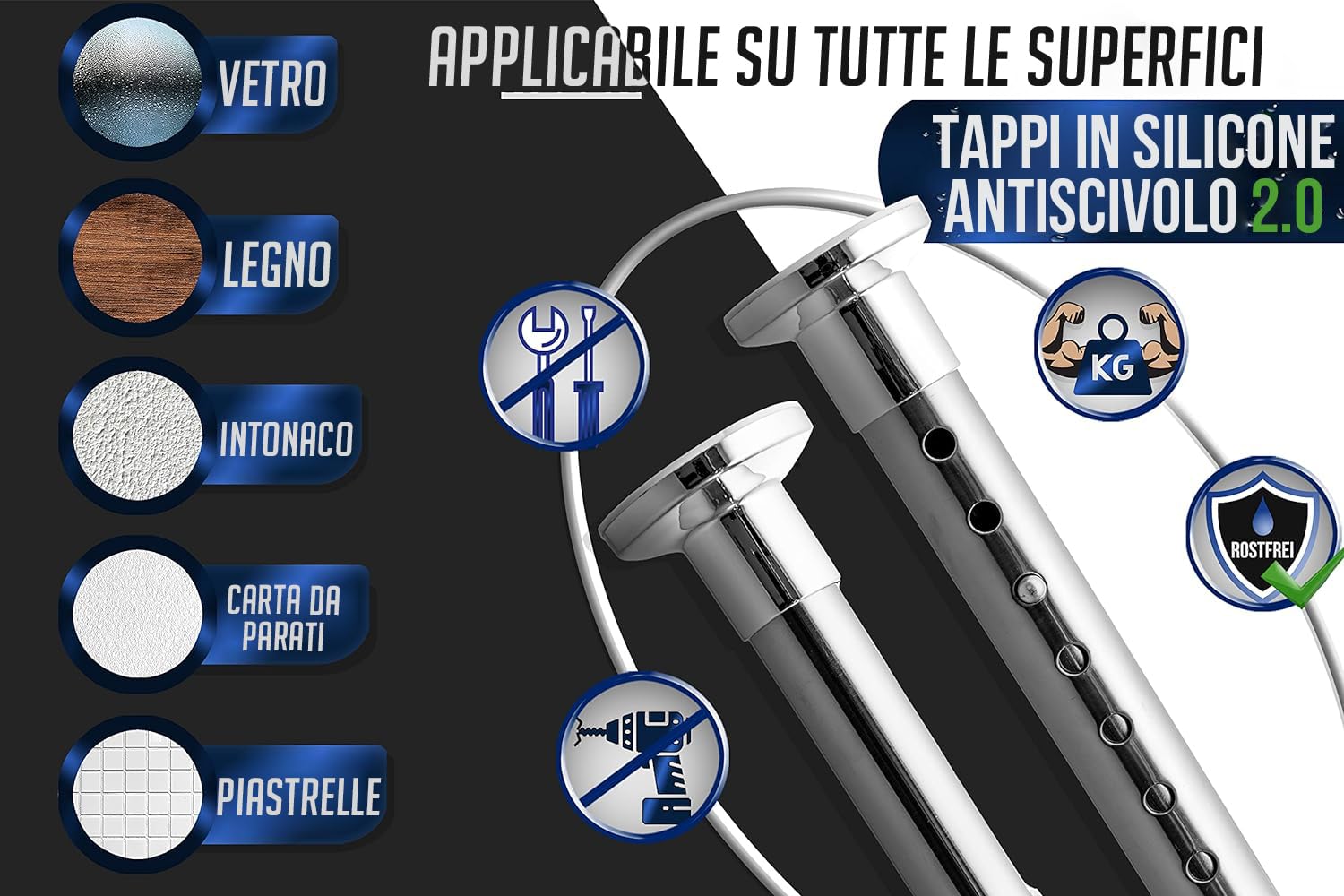 MEISENBERG Bastone Estensibile a Pressione 260-310, Argento, Ø 25 mm, Asta Tenda Doccia per Tendaggi, Bagni e Balcone