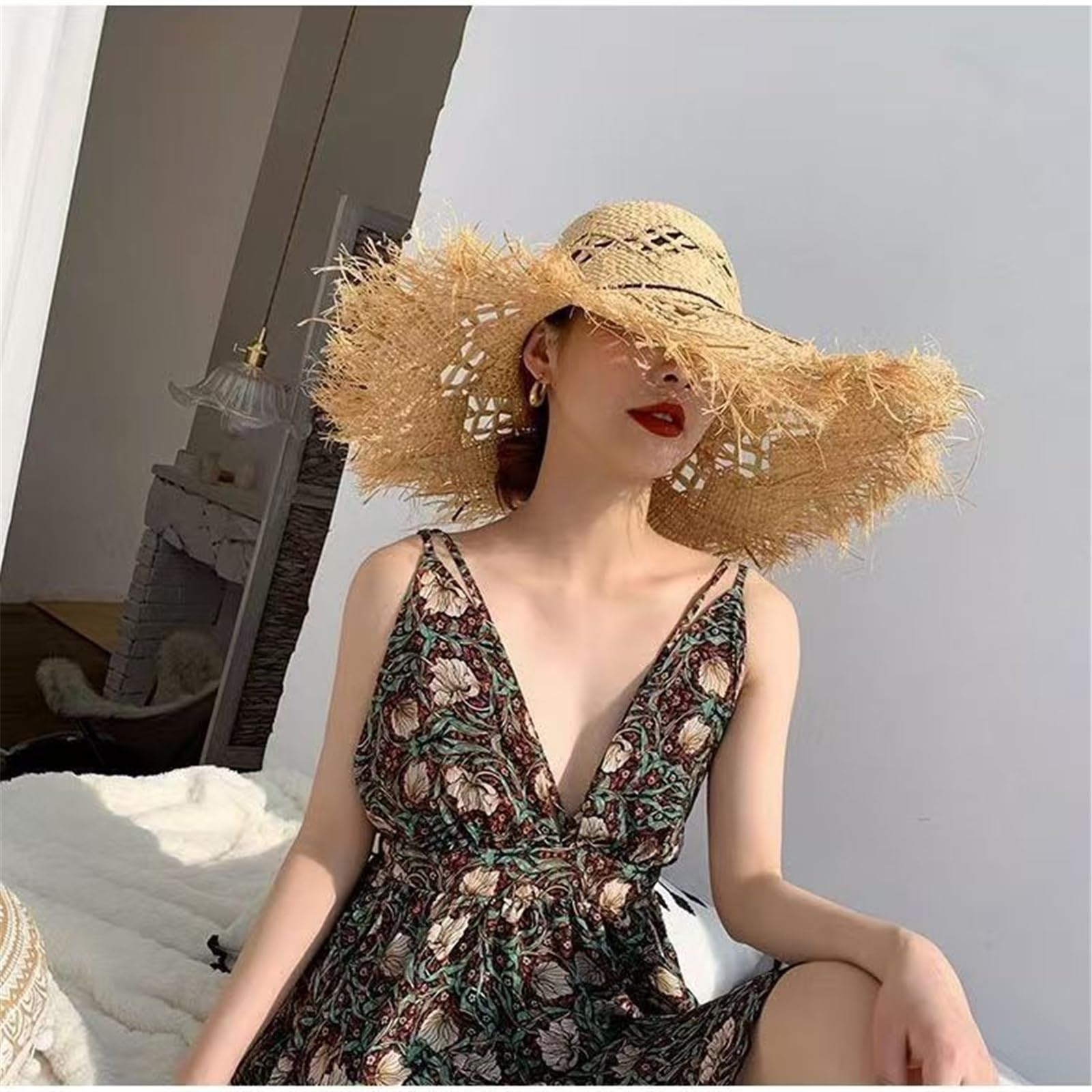 Generico Cappello da Sole in Paglia Lafite da Donna - Cappello da Spiaggia a Tesa Larga con Bordi ruvidi per L'Estate e i Viaggi