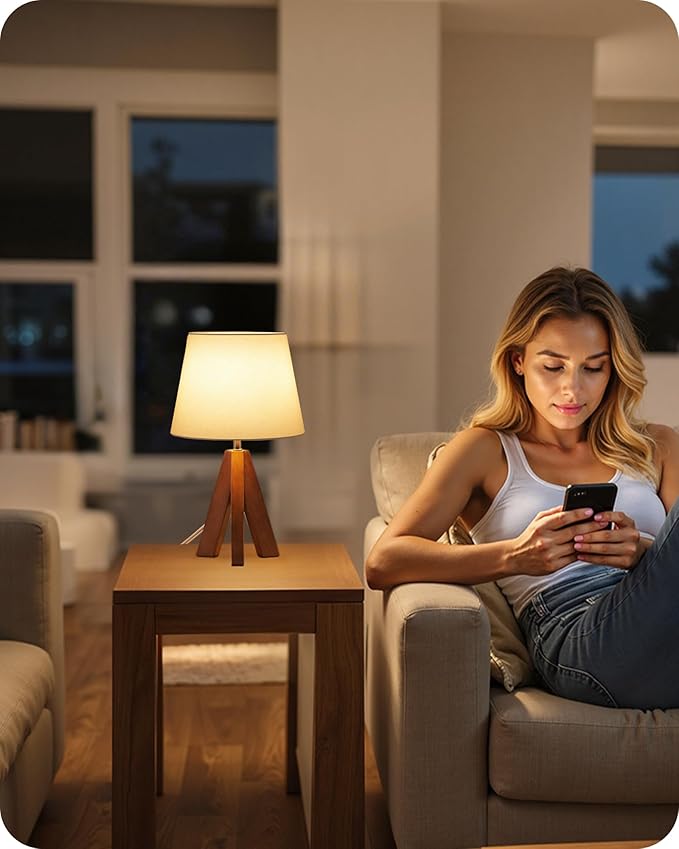 Lámpara de Mesa de Noche Tripode de Madera, Juego de 2, Moderna con Pantalla de Tela miniatura 7