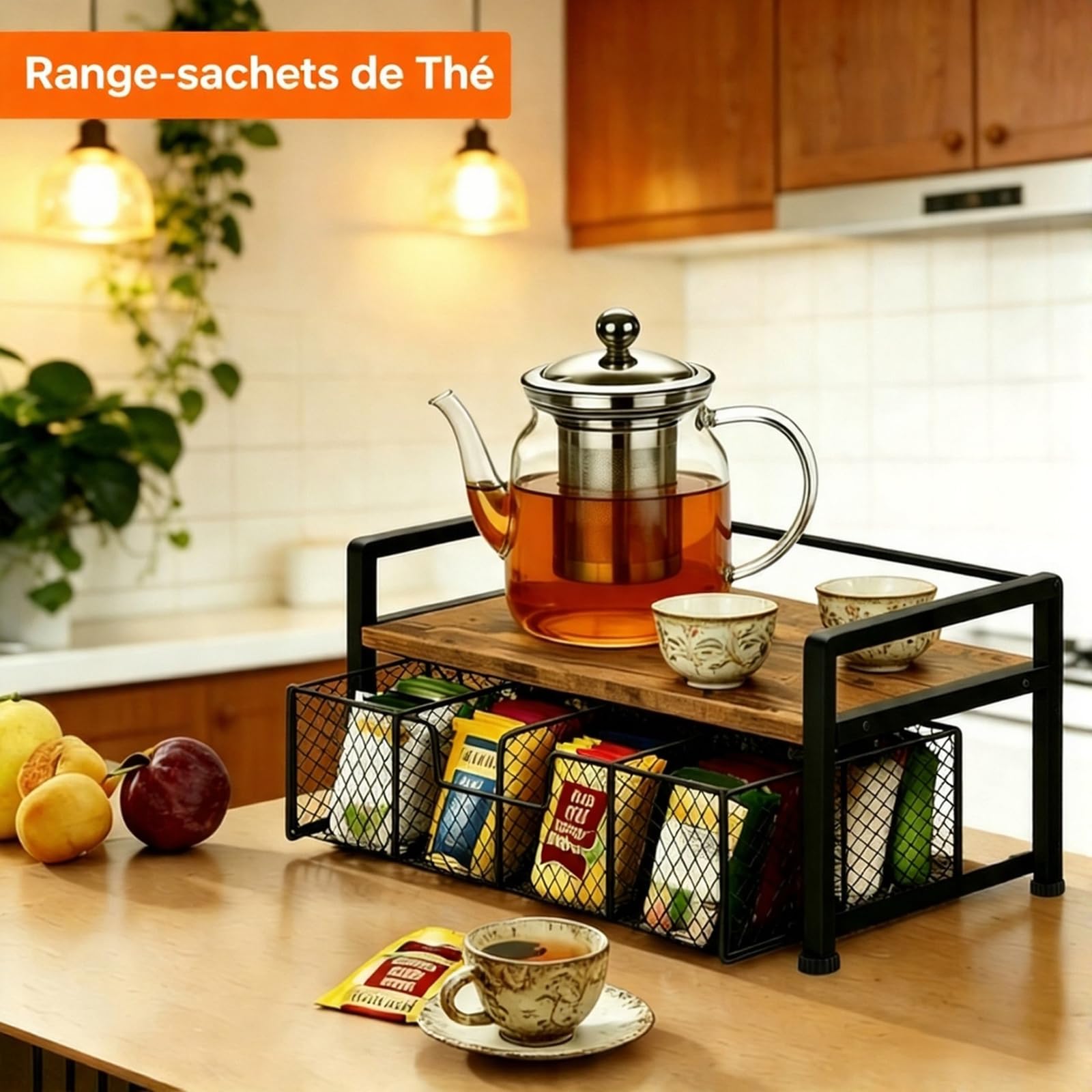 Boîte à thé, Boîte en Bois à Thé Rangement avec 8 Compartiments, Organisateur de Sachets de Thé avec Tiroir de Rangement en Métal, Boîte de Stockage Élégante pour Comptoir de Cuisine