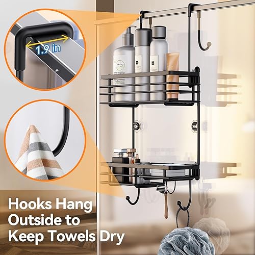 Miniatura 6 de Organizador de ducha sobre la puerta, organizador colgante de ducha, no perfora sobre la puerta, con estante de 2 niveles y ganchos, sostiene gel de