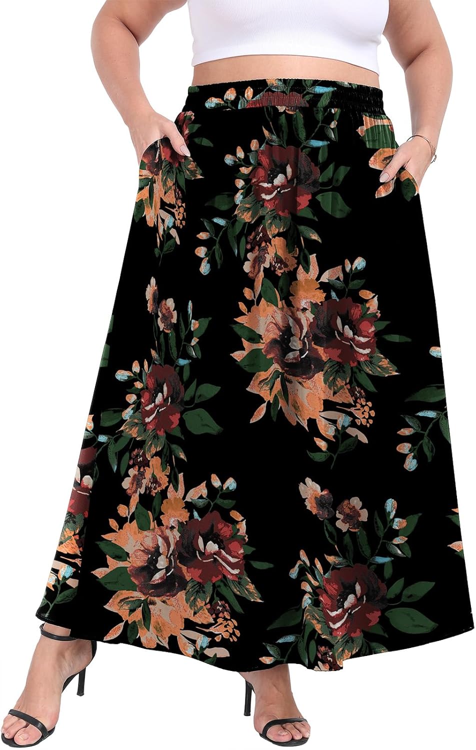 Lastshe Plus Size Maxi Skirts for Women Casual Elastic High Waist Inside Drawstring Flowy A-line Long Skirt with Pockets - Image 2