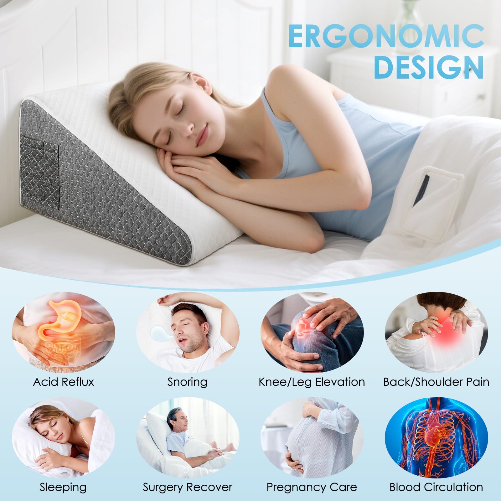 Cuscino a Cuneo per Letto 2pcs, Cuscino Antireflusso Adulti, Cuscino Triangolare Regolabile, Ergonomico per Apnea Notturna, Reflusso Acido, Elevazione Gambe, Memory Foam 25D