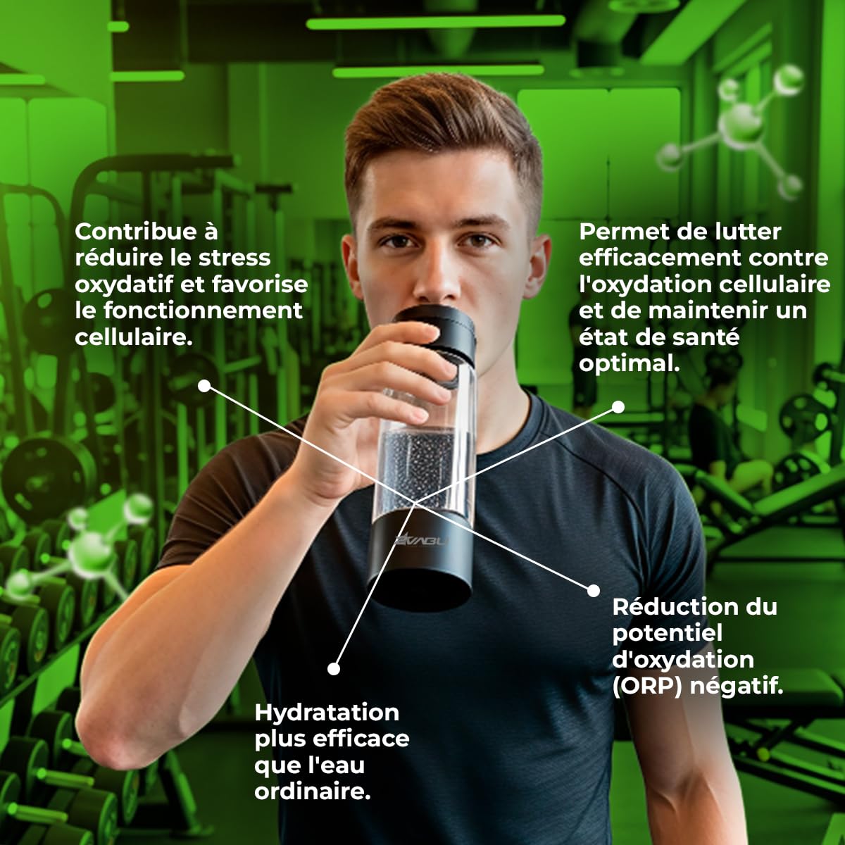 Molecular Sport - Bouteille d’Eau Hydrogénée - Jusqu’à 1400 PPB d’Hydrogène Moléculaire - Technologie SPE & PEM – 400 ml – Housse Protectrice Incluse
