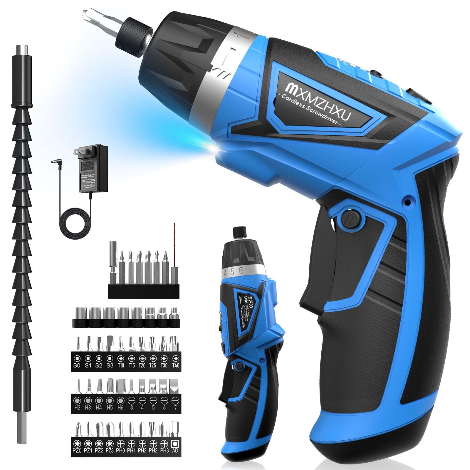 8V Cordless Screwdriver,6+1 Torque Max 10N·m Electric Power Screwdriver with 47 Accessories,180°Pivoting Handle, 2000mAh Rechargeable Screw Gun&Bit Set with LED Light, Flexible Shaft,for Home,Office
