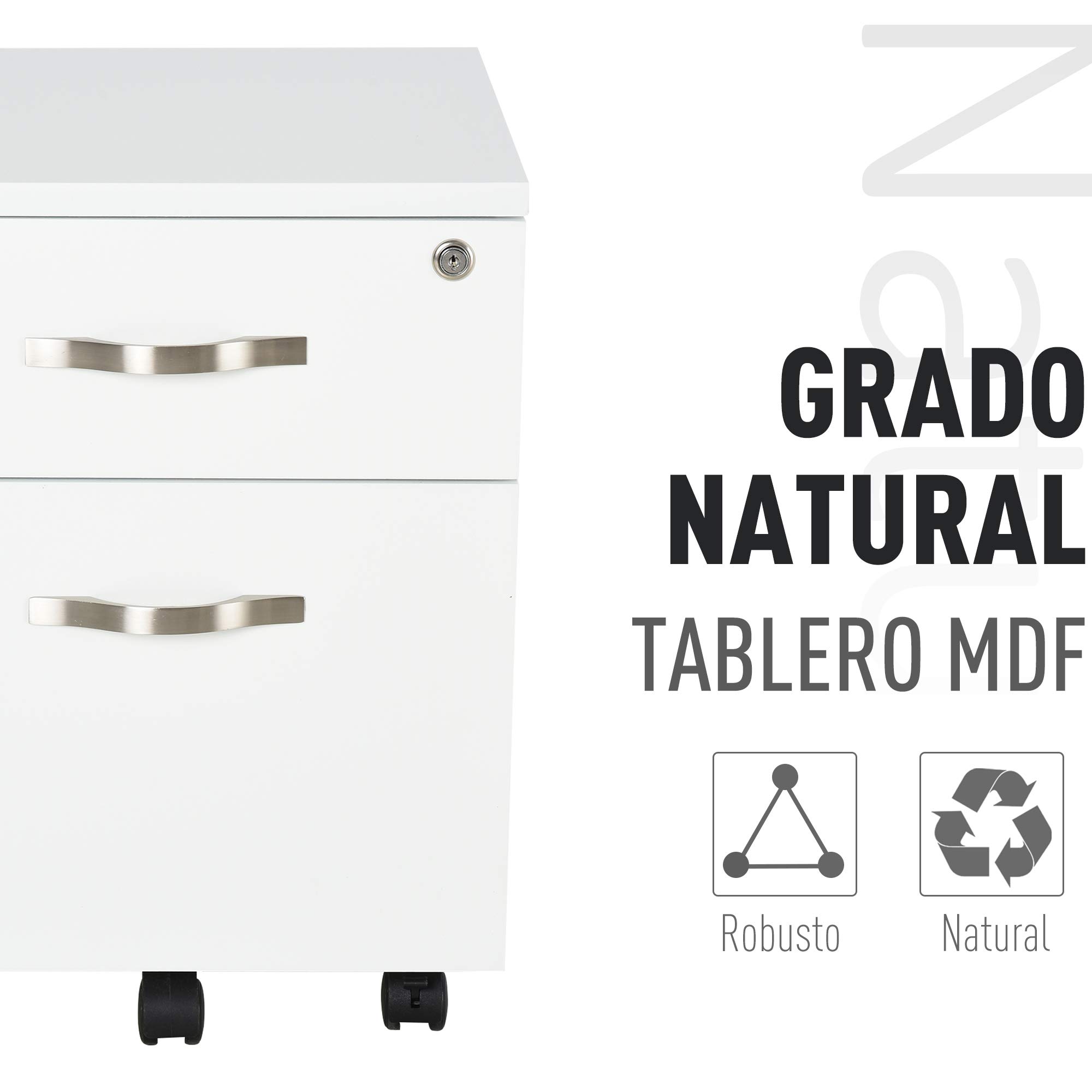 HOMCOM Cajonera de Oficina con Reudas Mueble Archivador con 2 Cajones Llave y Riel Colgante Armario para Oficina Estudio Diseño Moderno 40x45,5x52,5 cm Blanco