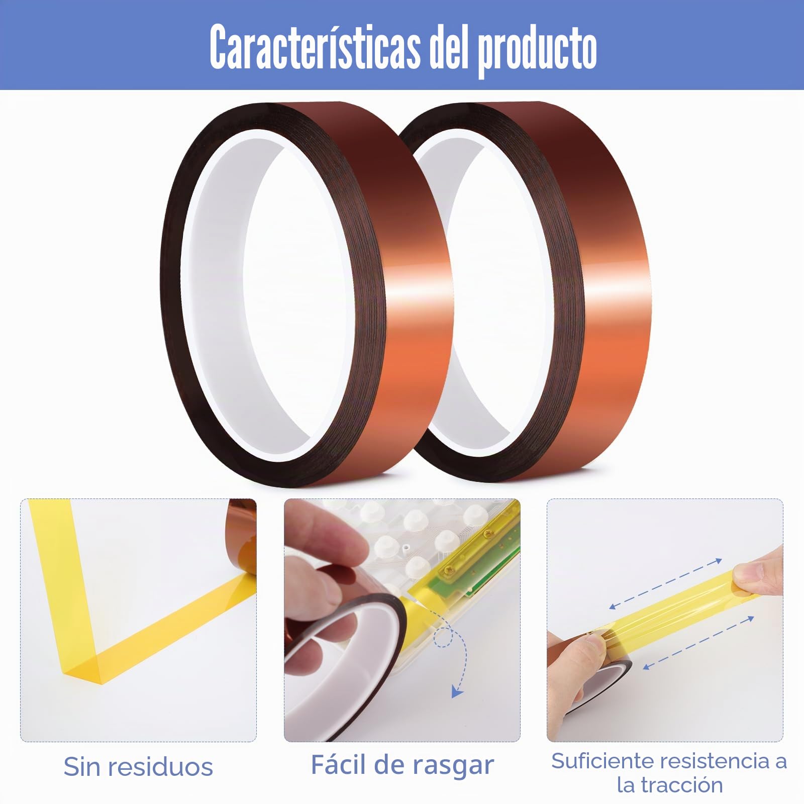 2 rollos de cinta adhesiva Kapton, 20 mm x 25 m, resistente al calor, cinta aislante de alta temperatura, cinta térmica para placas de circuito impreso electrónicas por sublimación