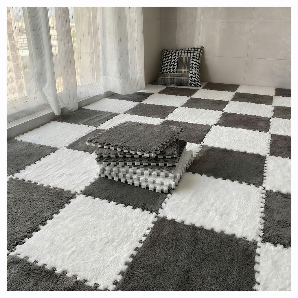 Verdickte, ineinandergreifende Plüsch-Bodenmatten, weiche Anti-Rutsch-Puzzle-Teppichfliesen für Kinder, Spielzimmer, Wohnzimmer, Schlafzimmer, Dekor (Grau und Weiß, 15 Stück)