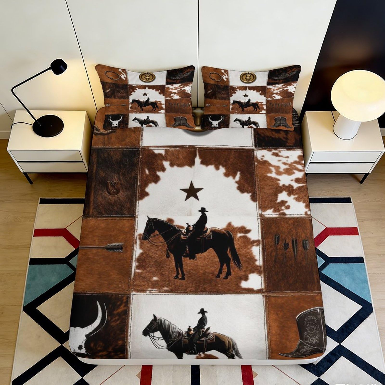 3D Printed Western Cowboy Fitted Sheet Microfiber Durable Soft 3D Printed Horse Mattress Cover for Bedroom Dormitory Guest Room Protection 160x200x25cm